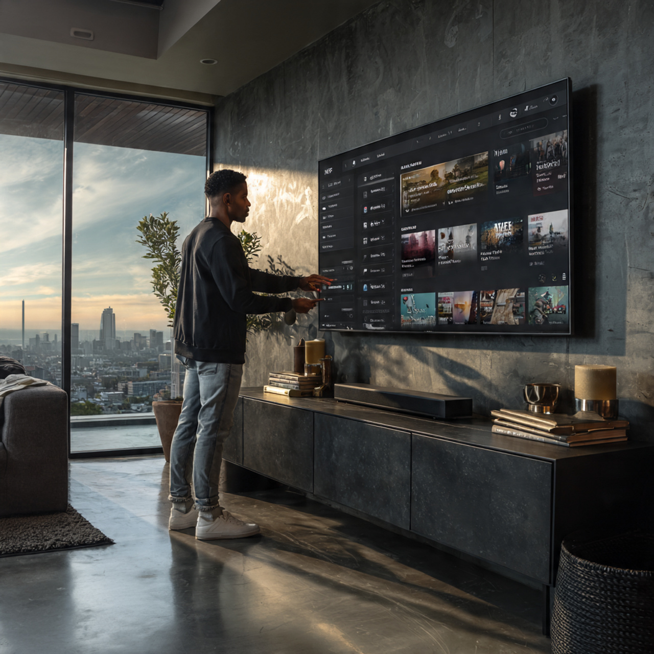 contemporary living room with dark charcoal matte