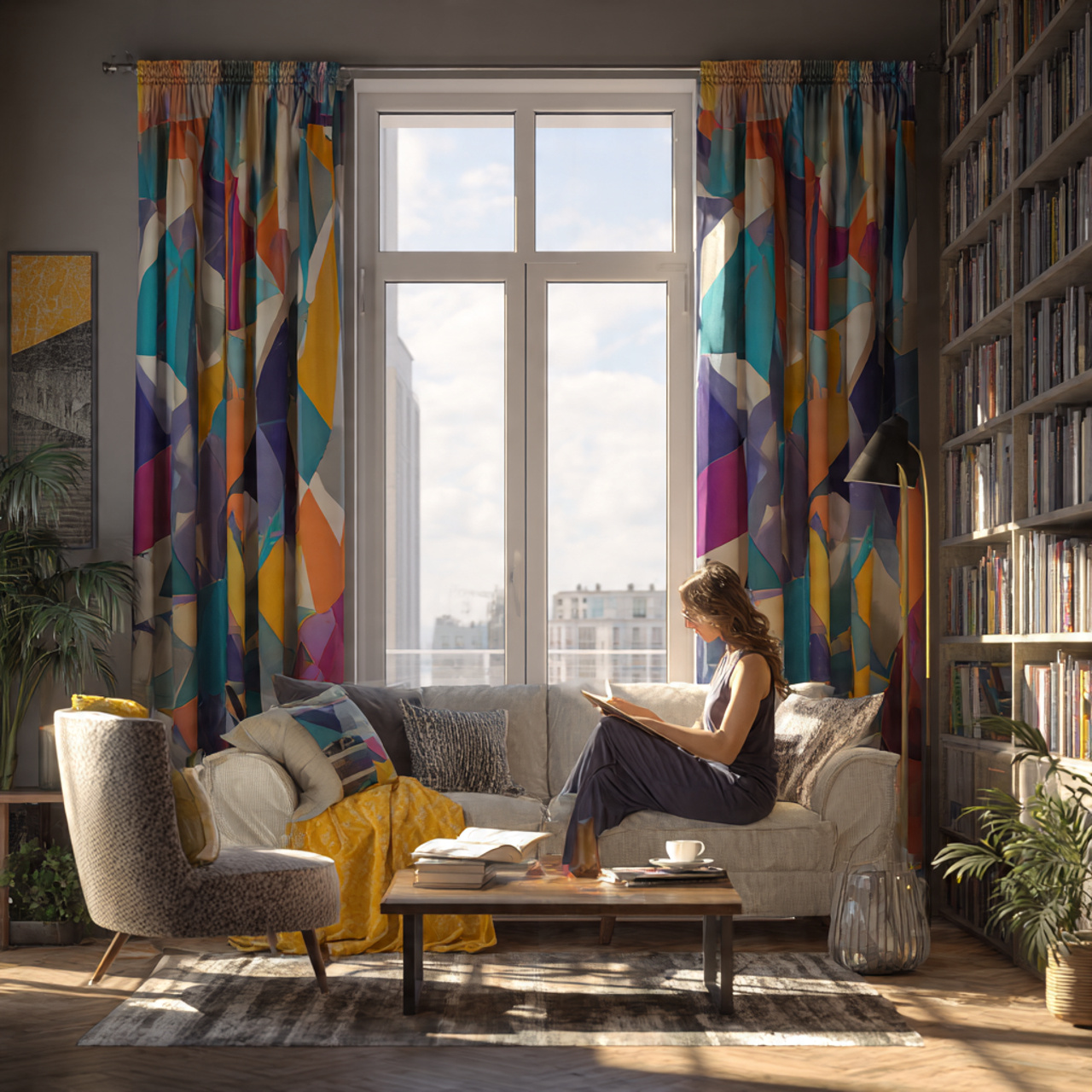 contemporary living room with geometric patterned