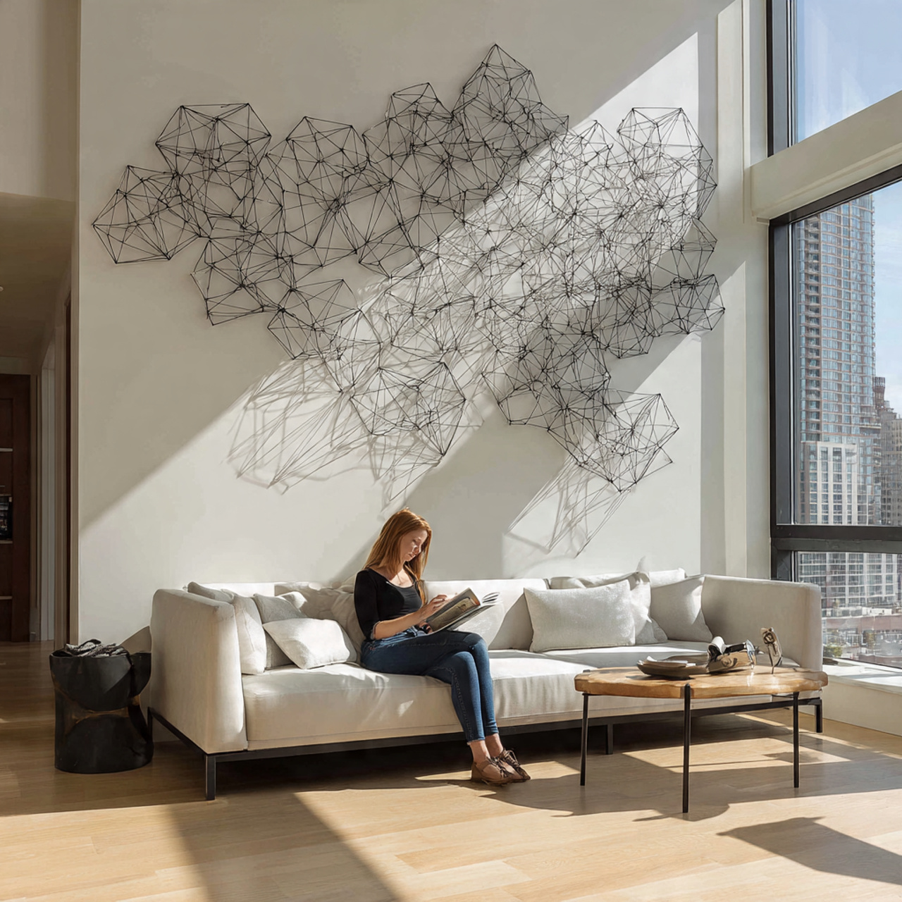 contemporary living room with minimalist metal lin