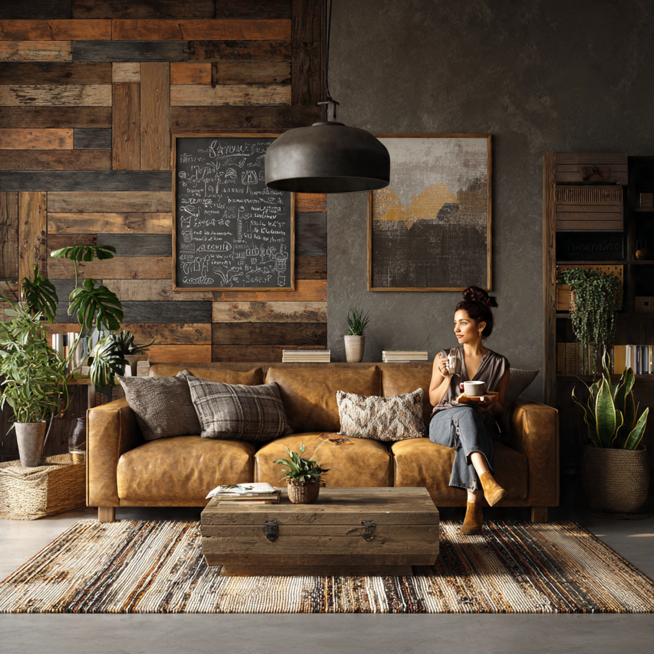 contemporary living room with reclaimed wood accen
