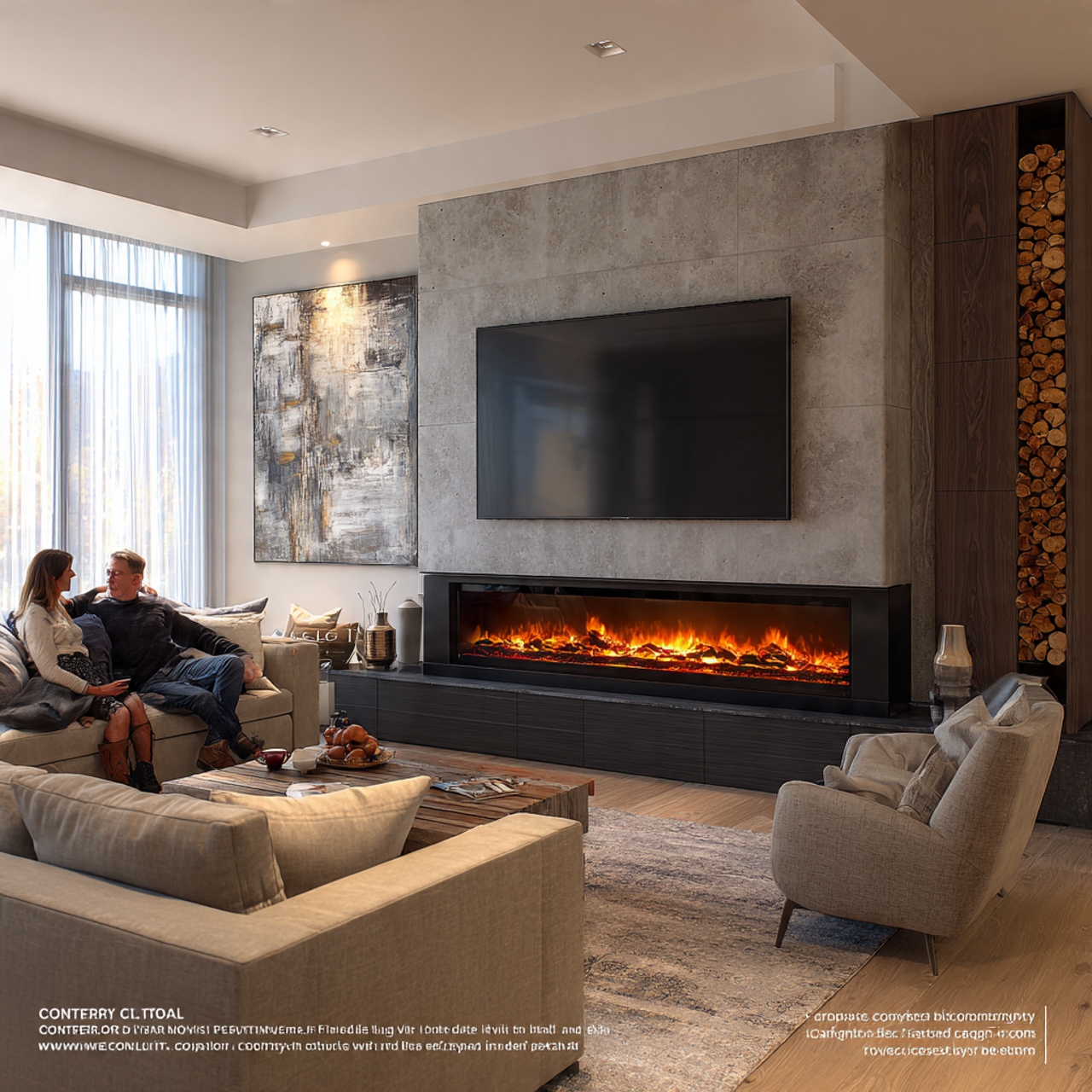 contemporary living room with tv mounted above an