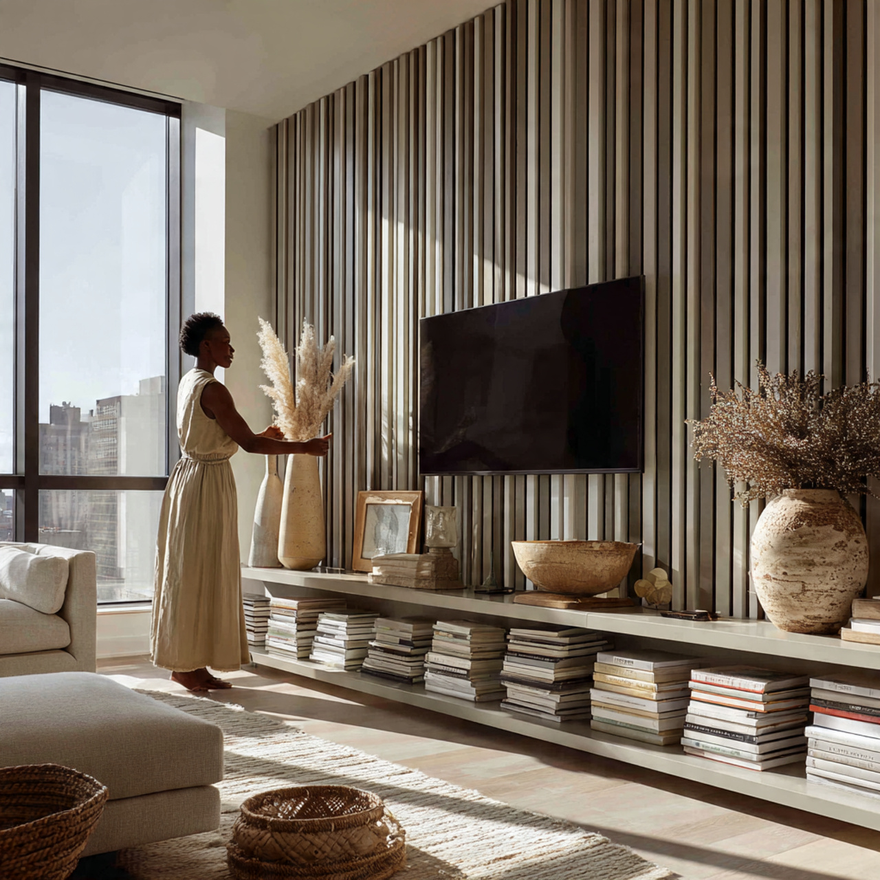 contemporary living room with vertical slat accent
