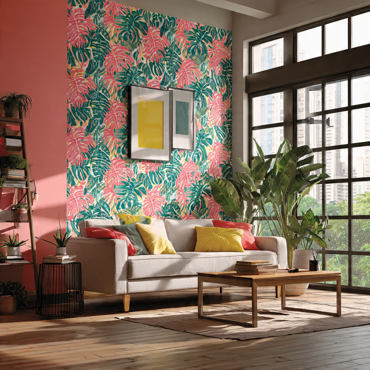 contemporary living room with vibrant peel and sti