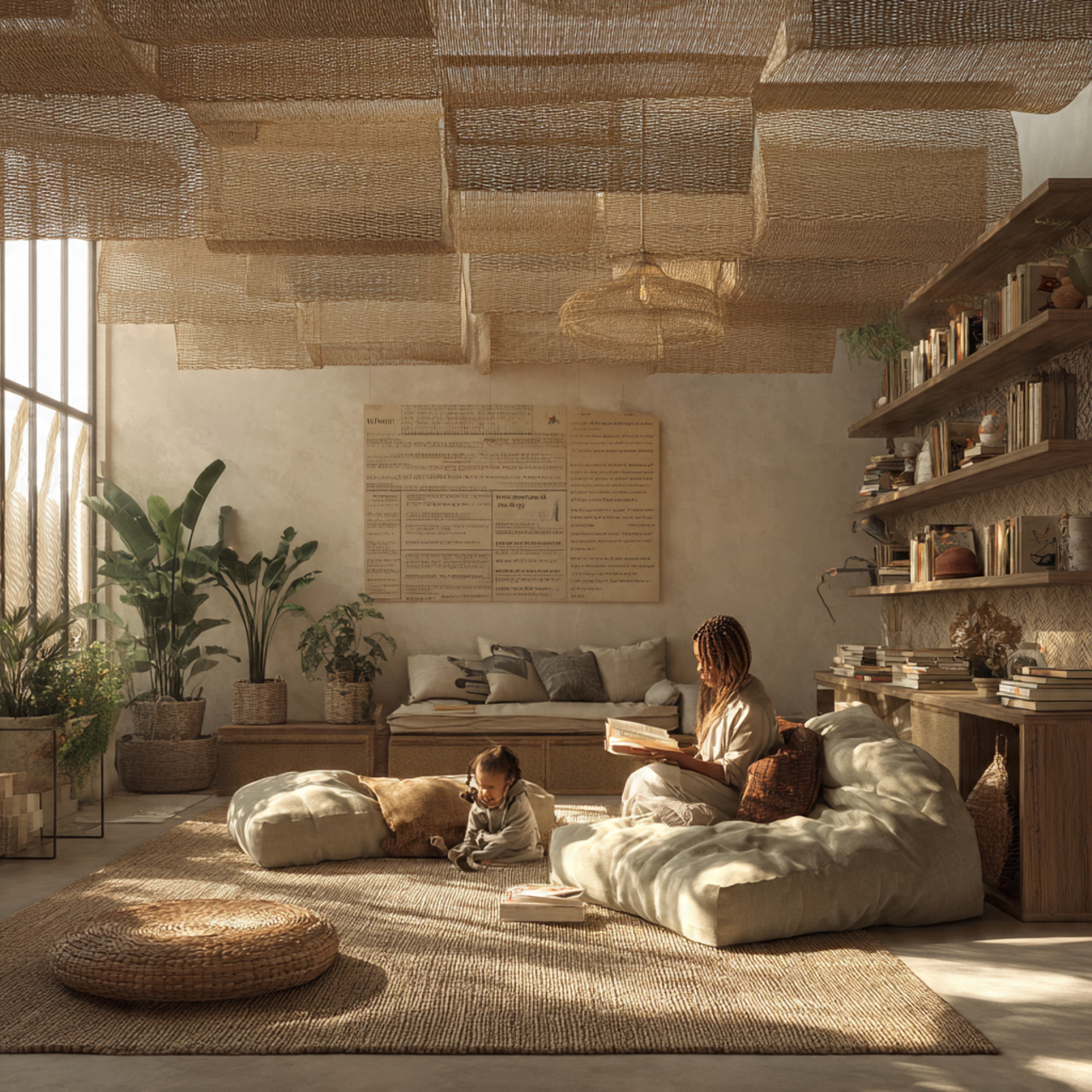 cozy bohemian living room with woven rattan ceilin