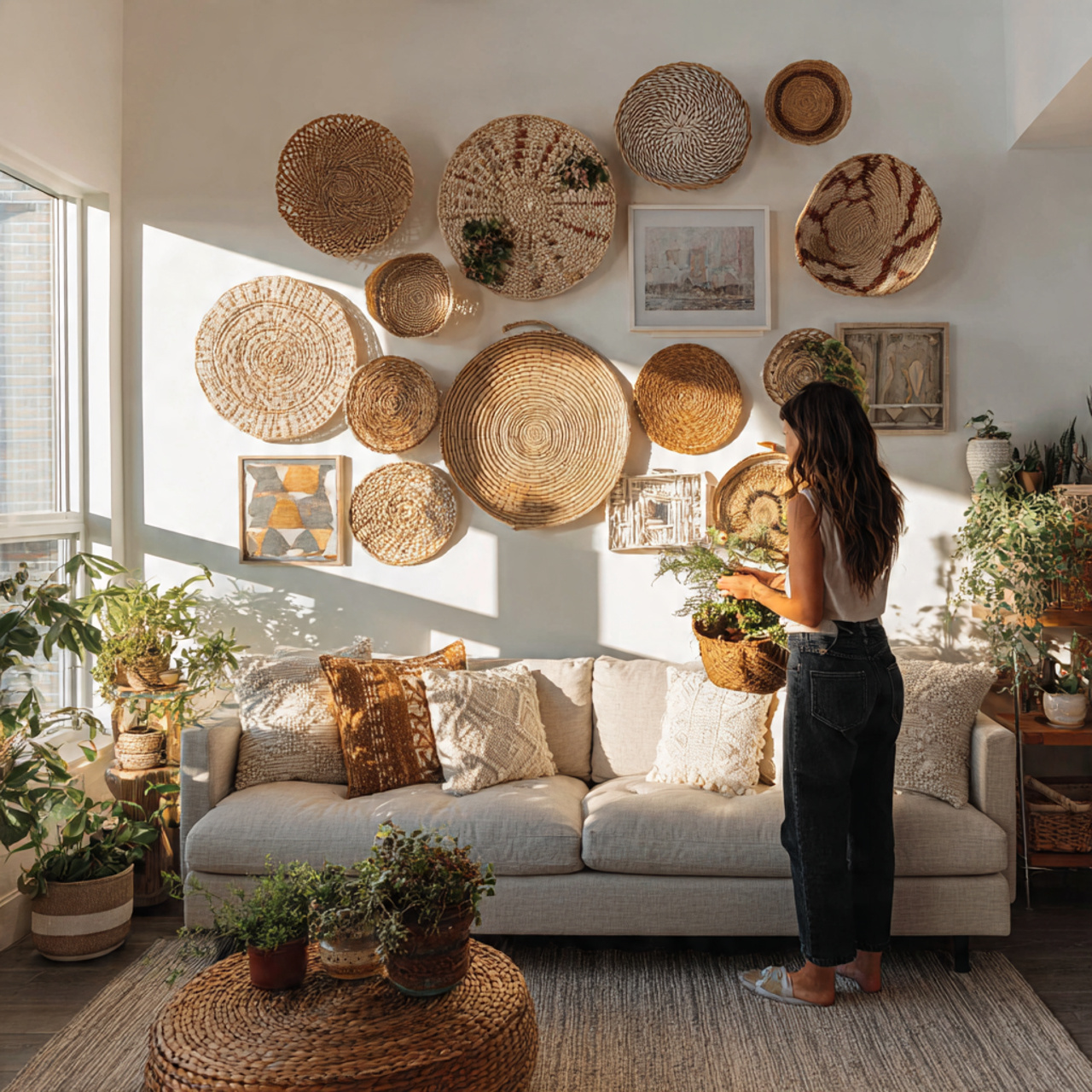 cozy boho chic living room featuring a woven wicke