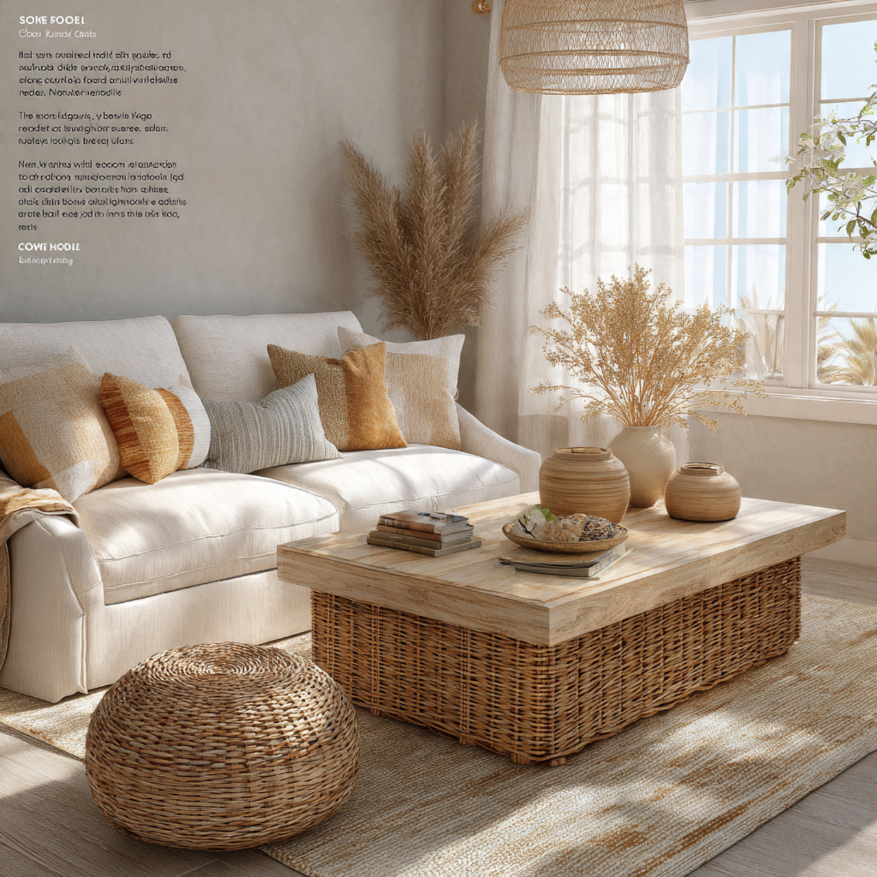 cozy coastal inspired living room with a woven rat