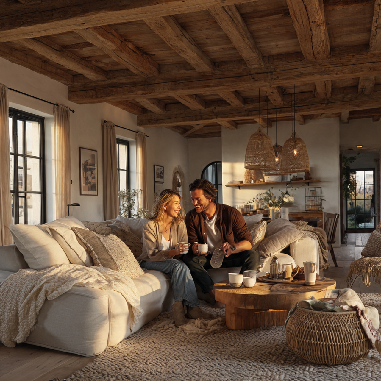 cozy farmhouse style living room with exposed wood