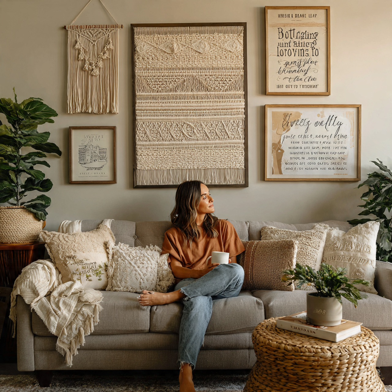 cozy living room featuring framed textile tapestry