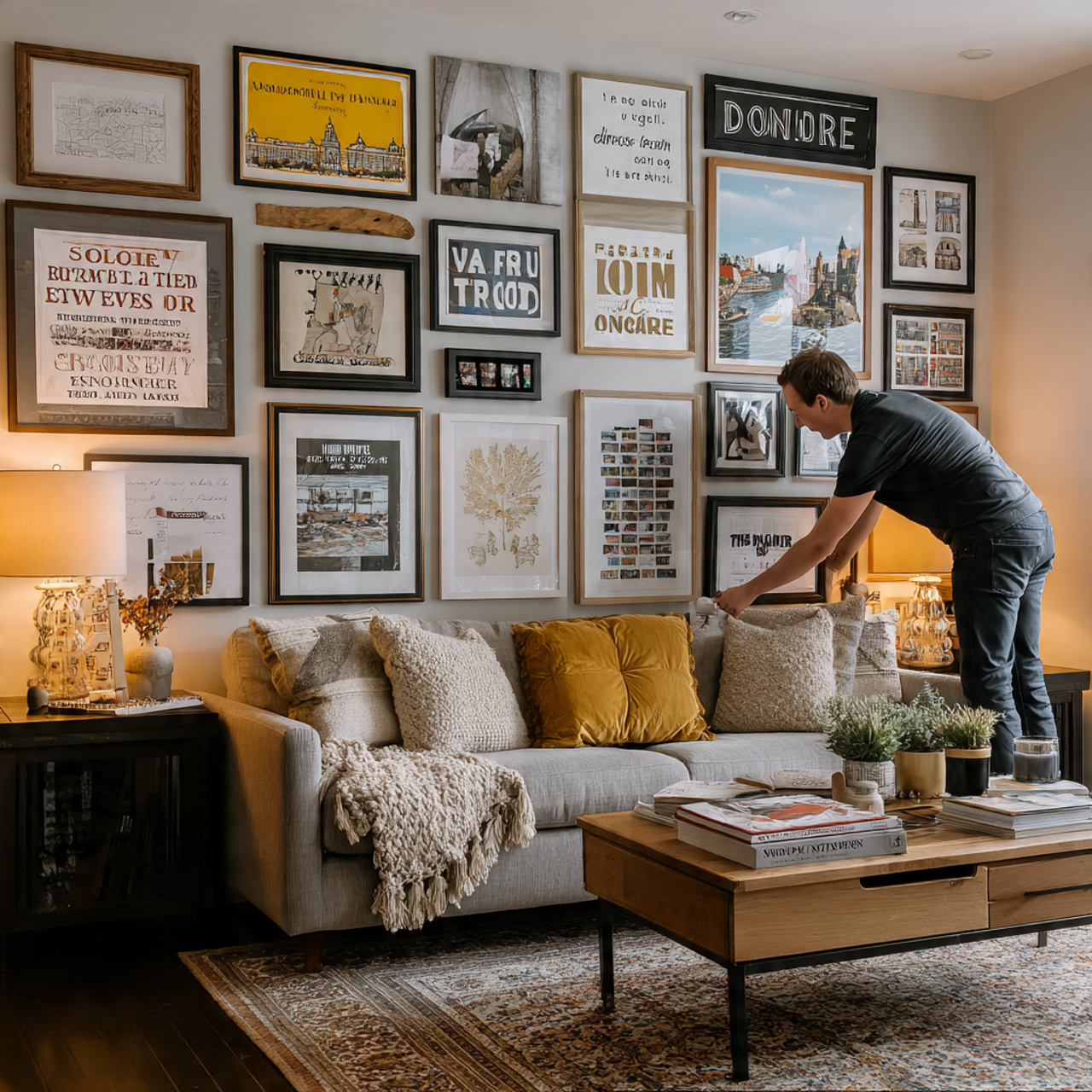 25 Ultimate Living Room Inspiration Cozy Ideas for Comfort, Style & Warmth 22 cozy living room with a gallery wall displaying fa