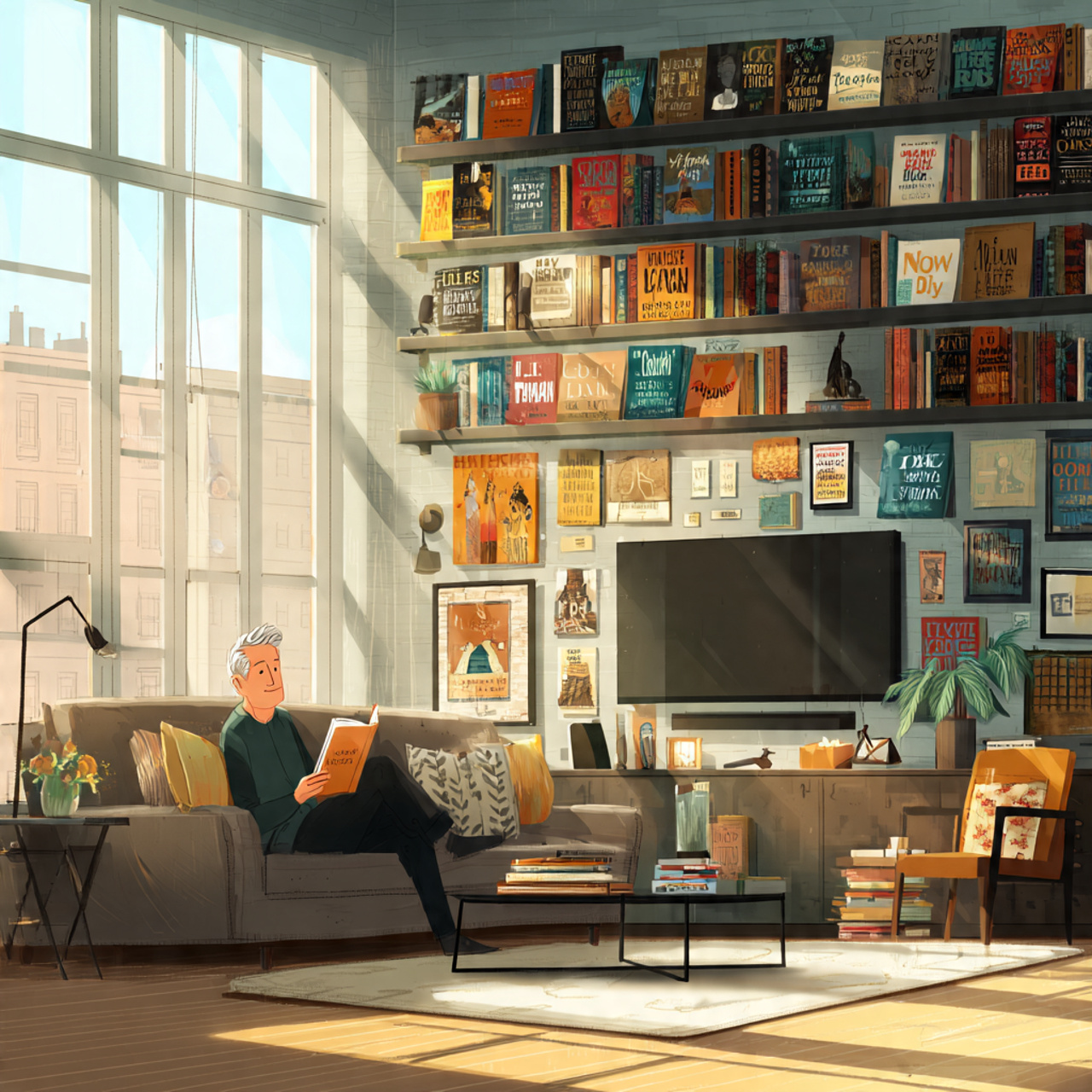 cozy living room with a multifunctional library an