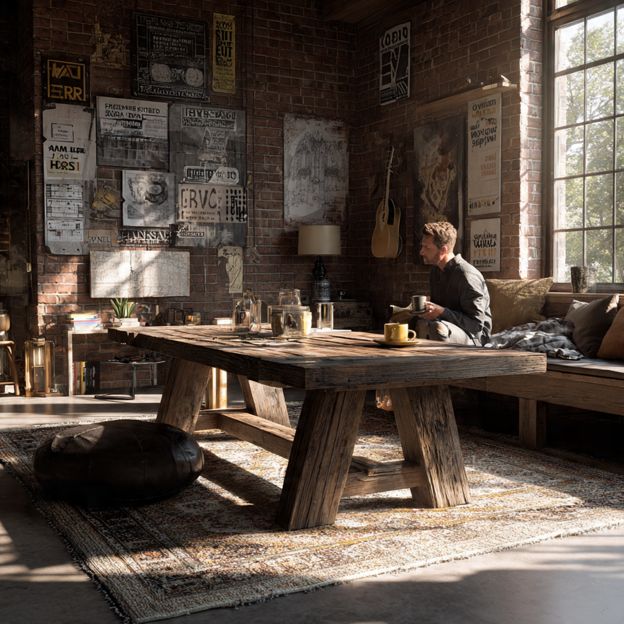 cozy living room with a reclaimed wood trestle tab