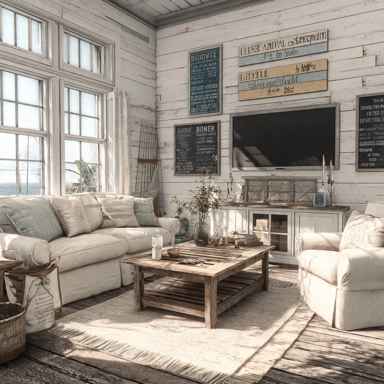 cozy living room with shiplap walls behind a tv cr