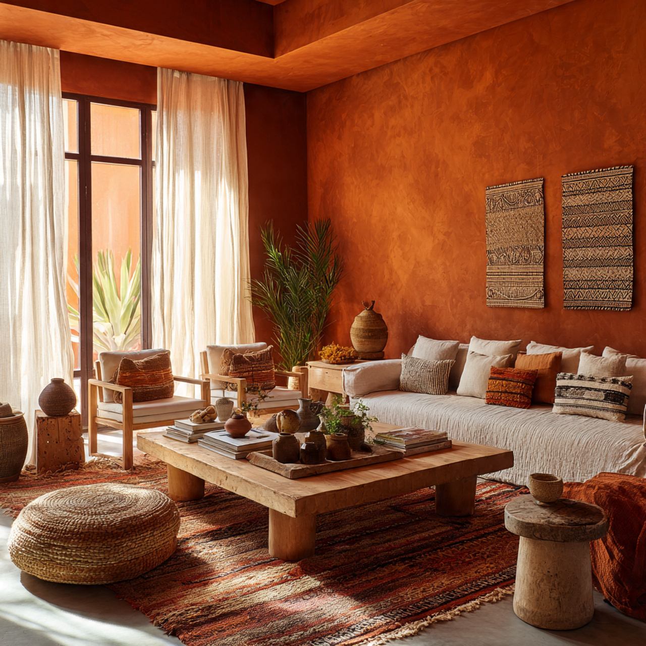 cozy living room with warm terracotta walls sun ba