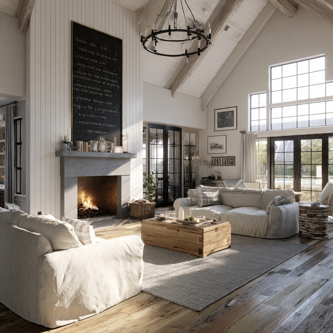 cozy modern farmhouse living room with a large cen