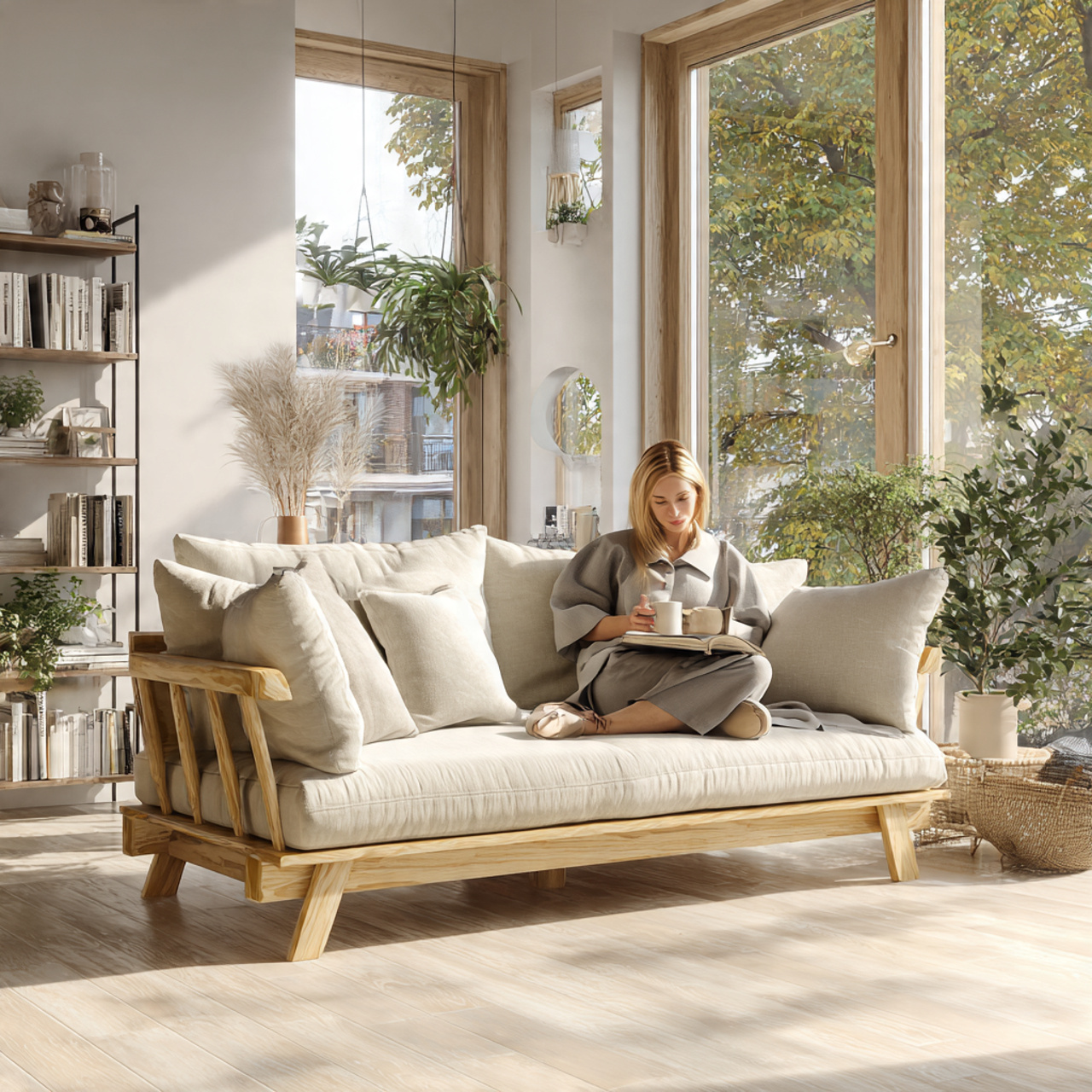 cozy scandinavian style living room featuring a sc