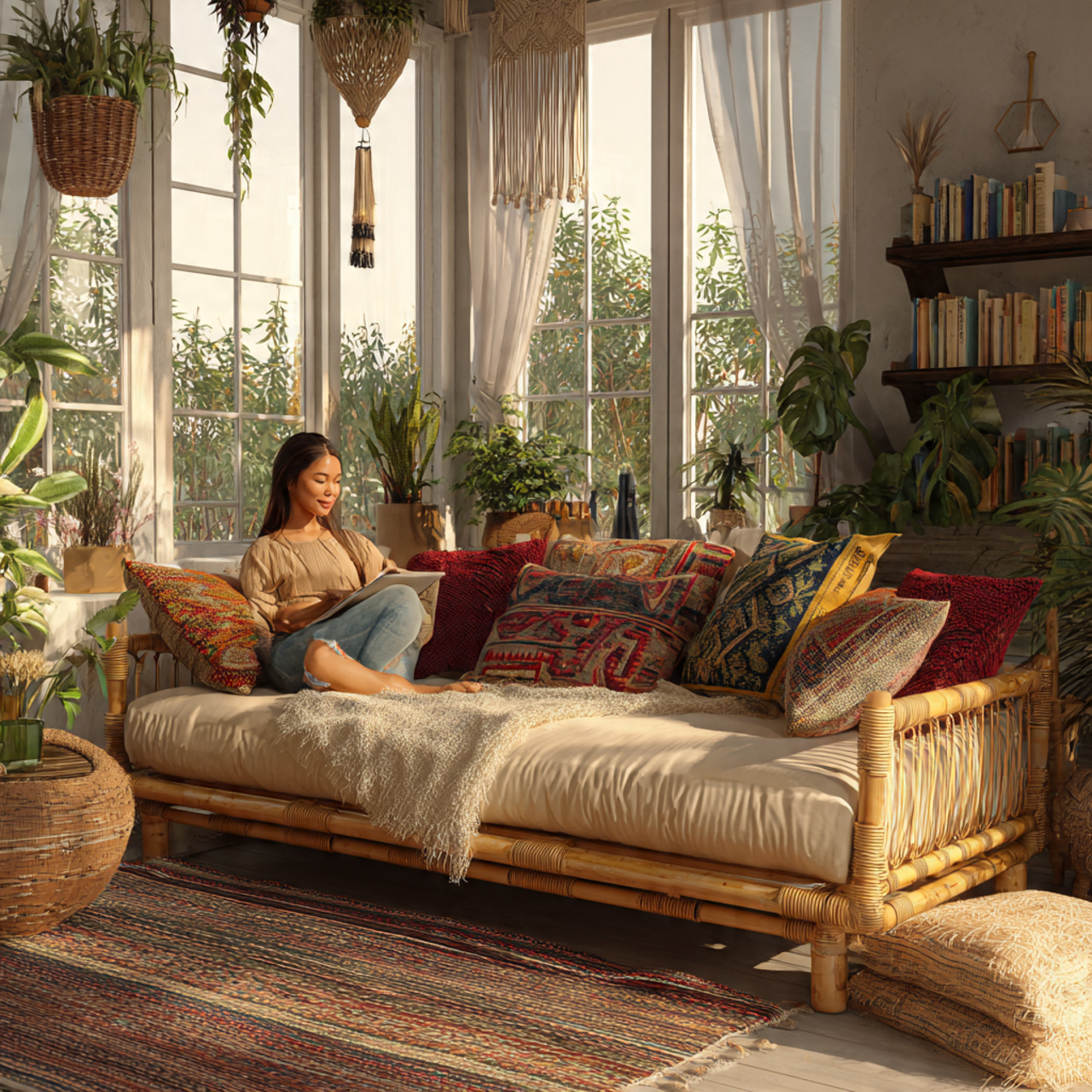 eclectic bohemian living room featuring a rattan b