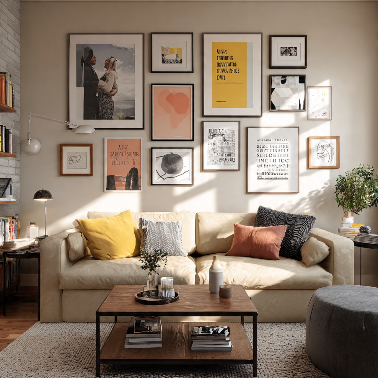 eclectic living room featuring a living room accen