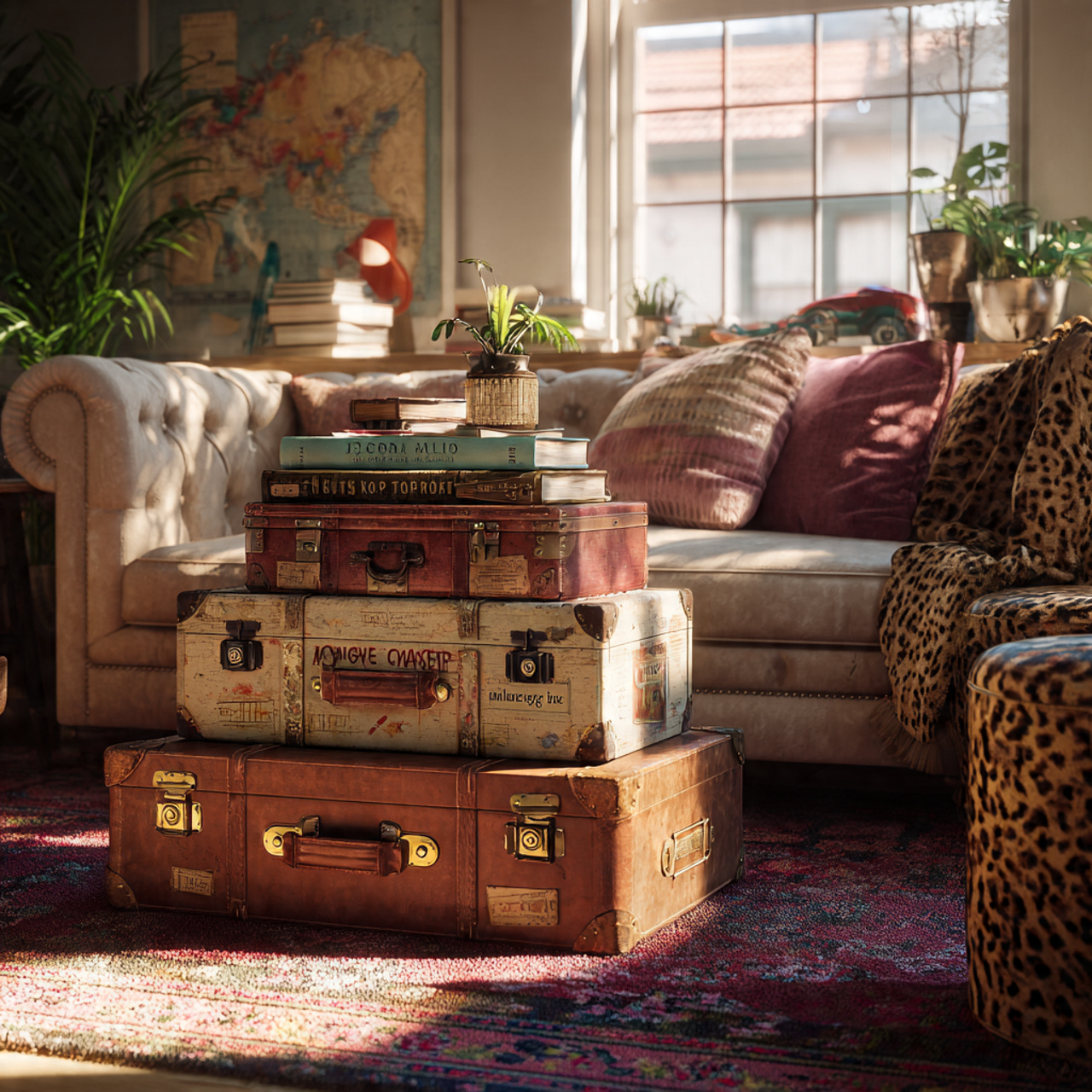 eclectic living room featuring a stack of vintage