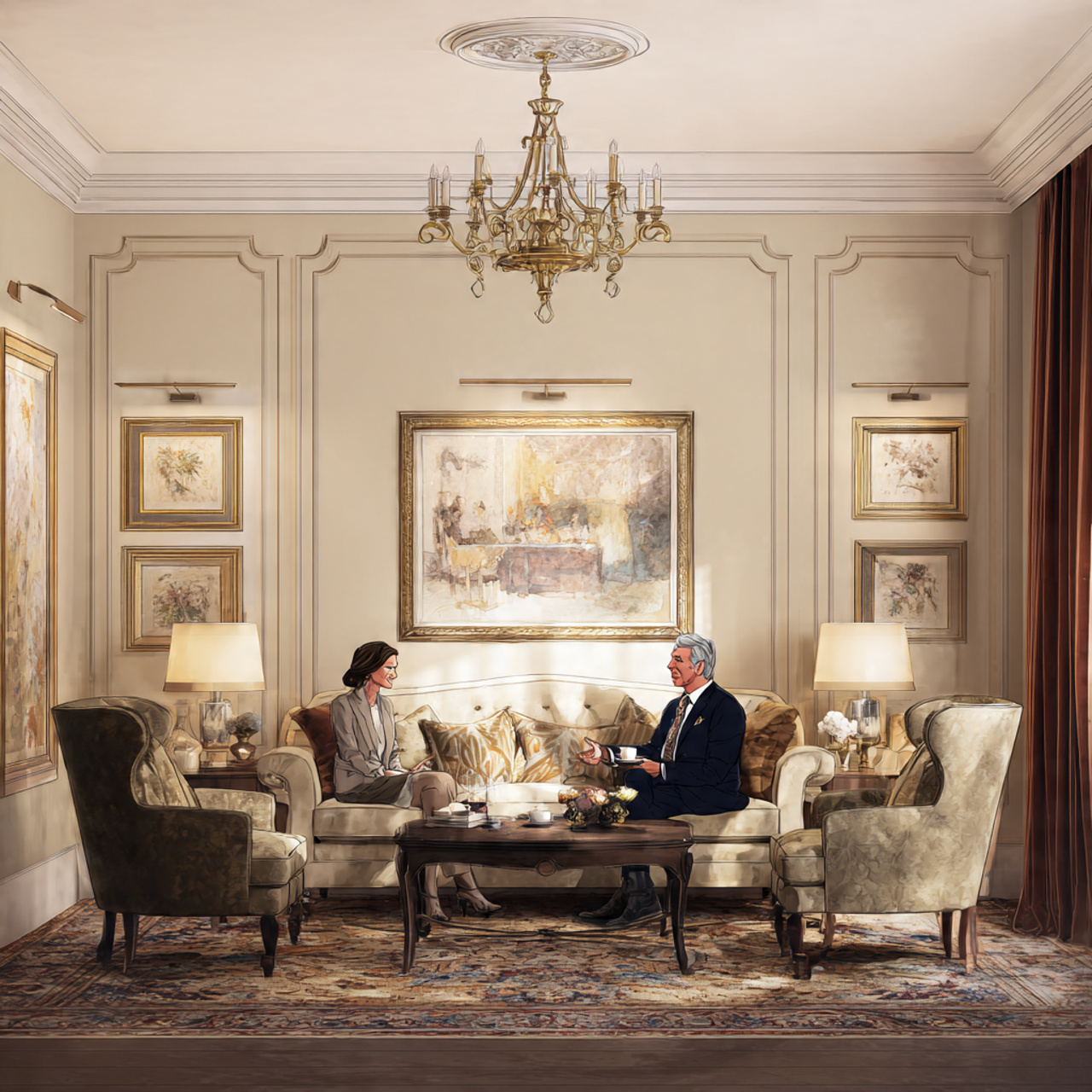 elegant formal parlor with a high back sofa in neu