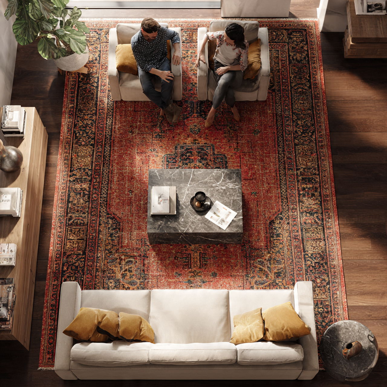 elegant living room anchored by a vintage persian