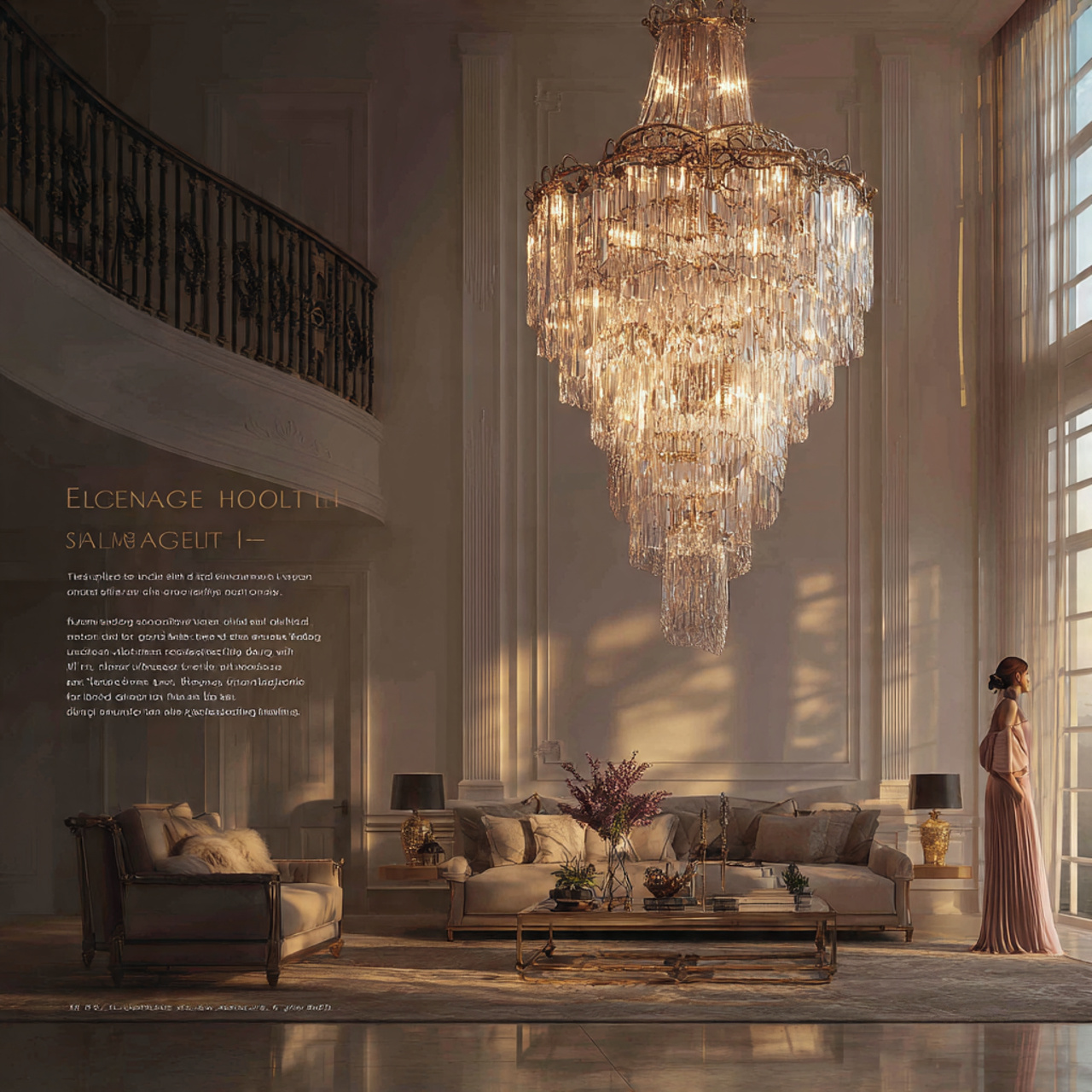 elegant living room centered around a grand crysta