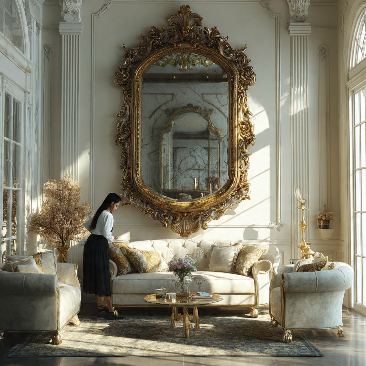 elegant living room featuring a large gilded mirro