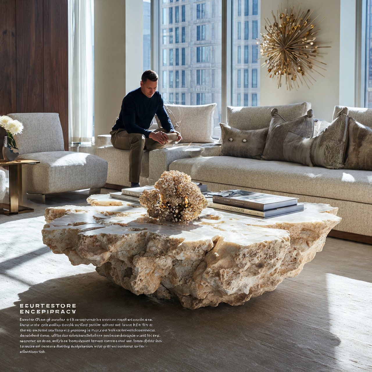 elegant living room featuring a sculptural coffee