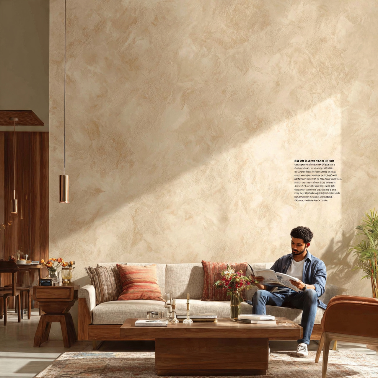 elegant living room featuring a textured plaster f