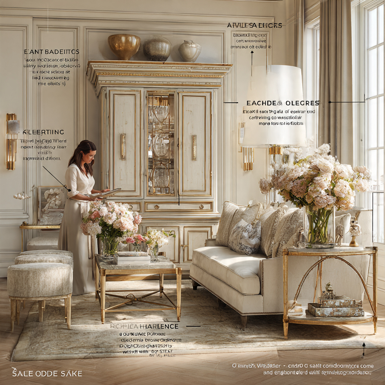 elegant living room featuring antiqued brass hardw