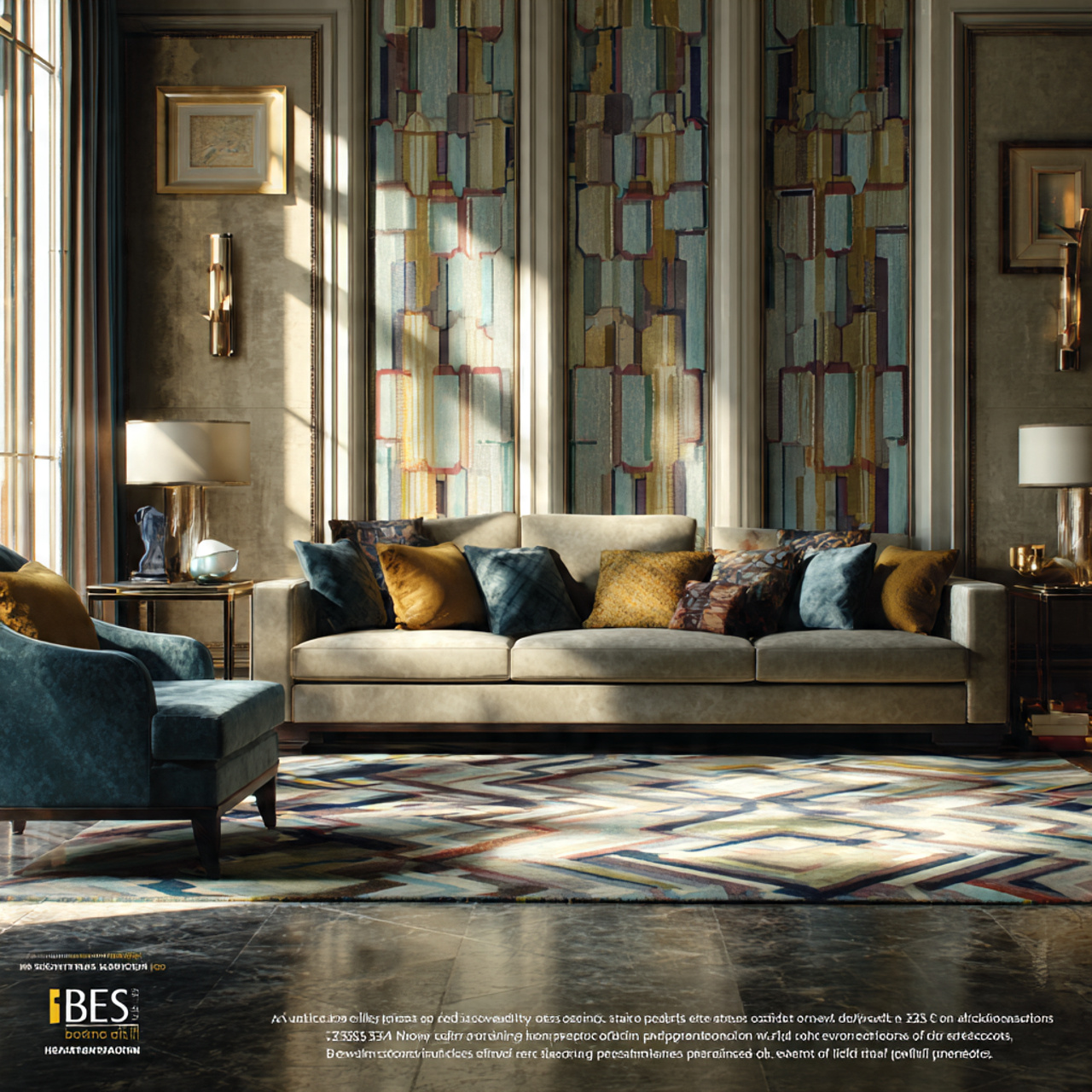 elegant living room featuring art deco geometric p