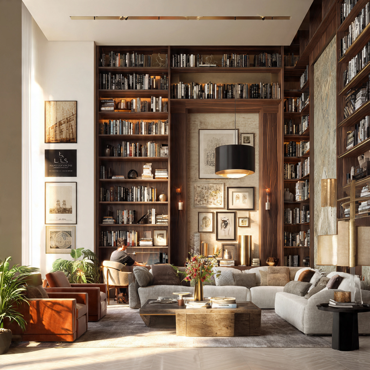 elegant living room featuring bespoke built in lib