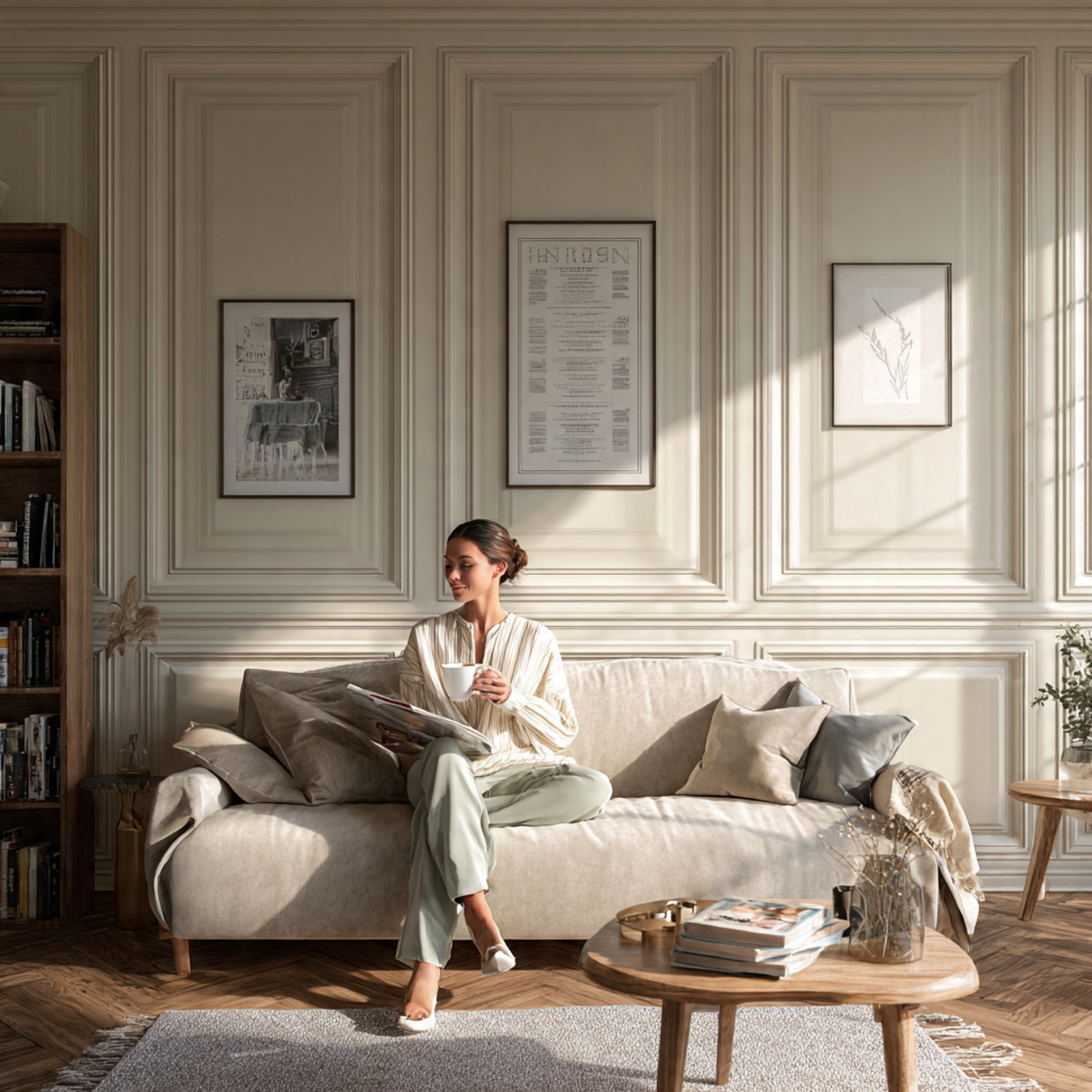elegant living room featuring classic wainscoting