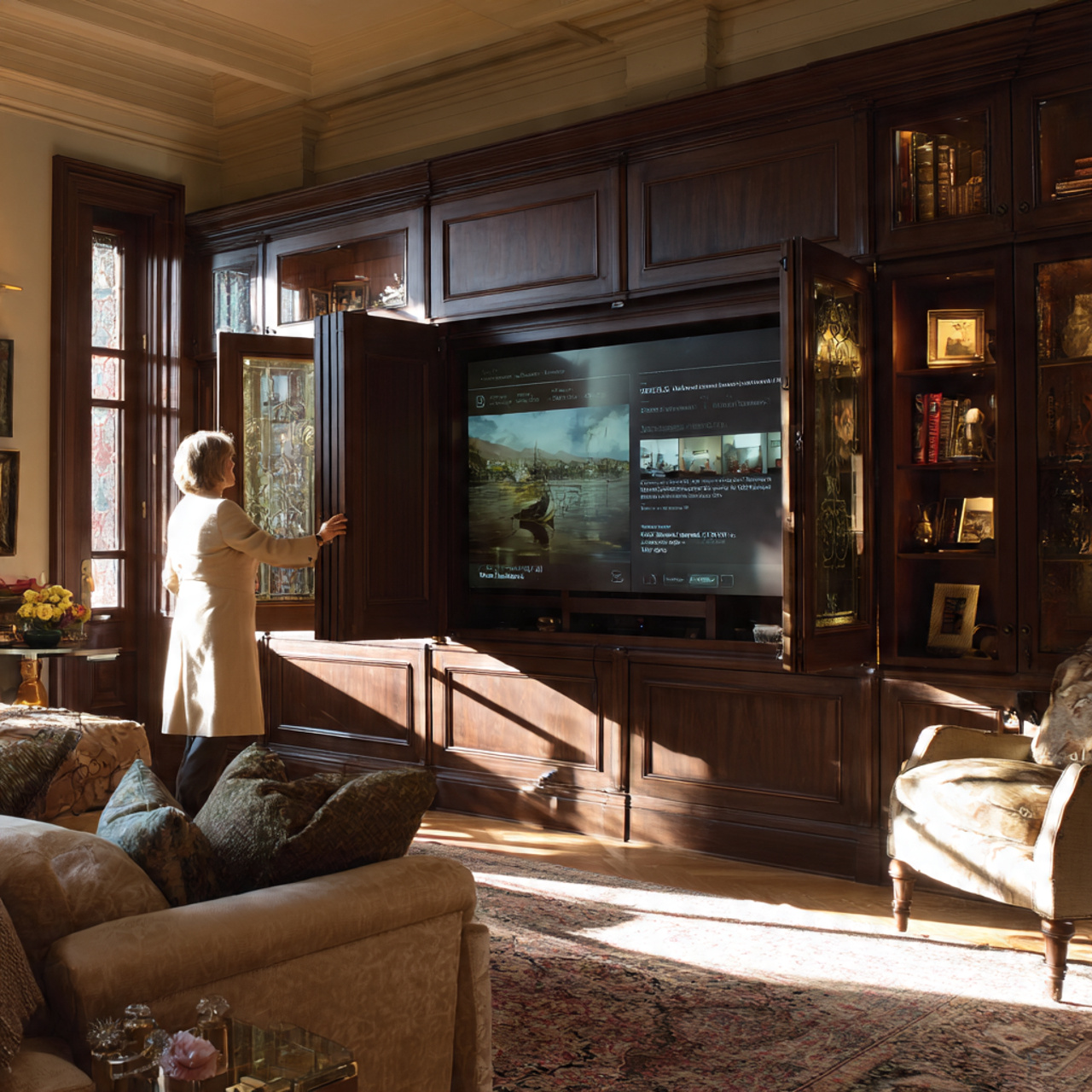elegant living room featuring hidden tv cabinetry