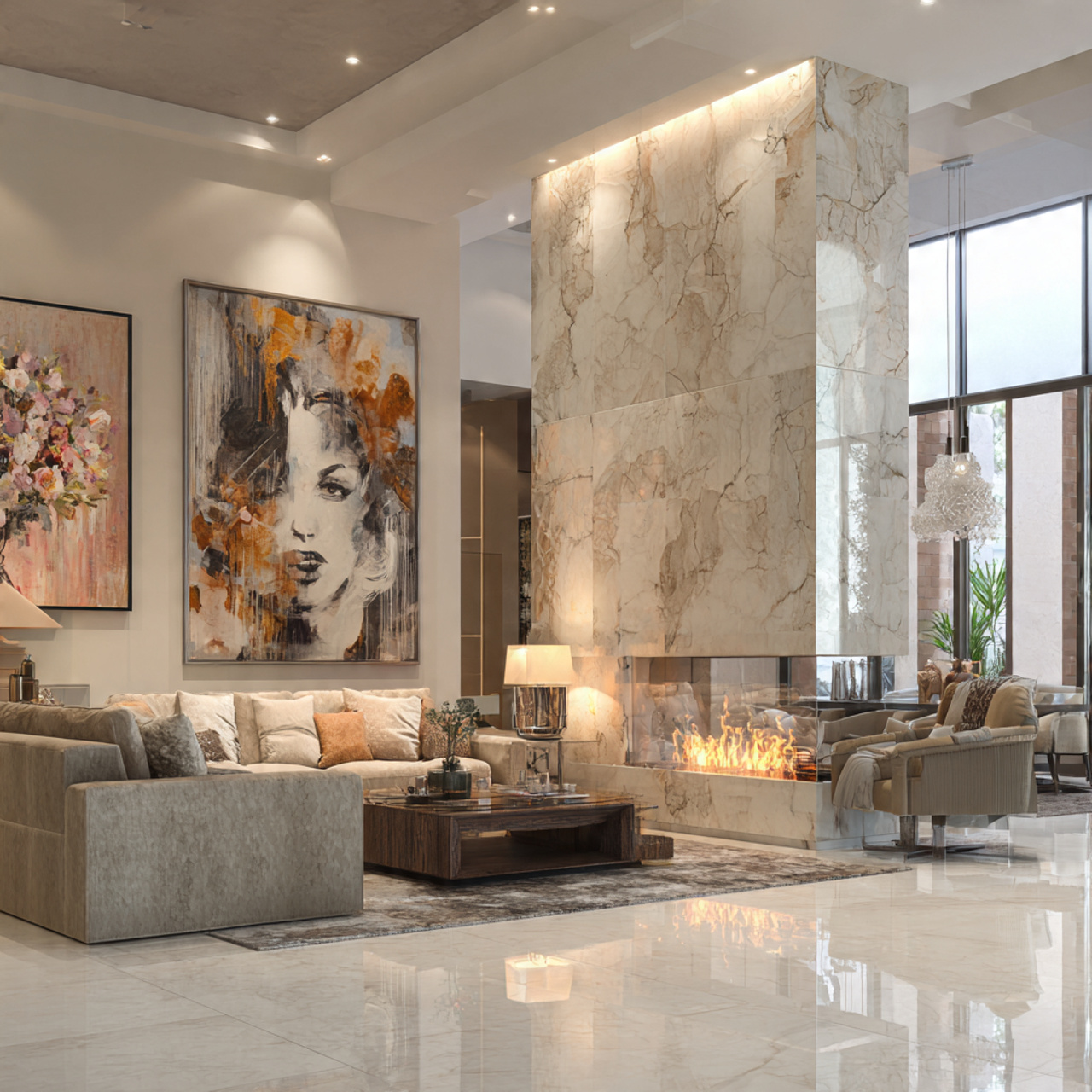 elegant living room featuring polished marble acce