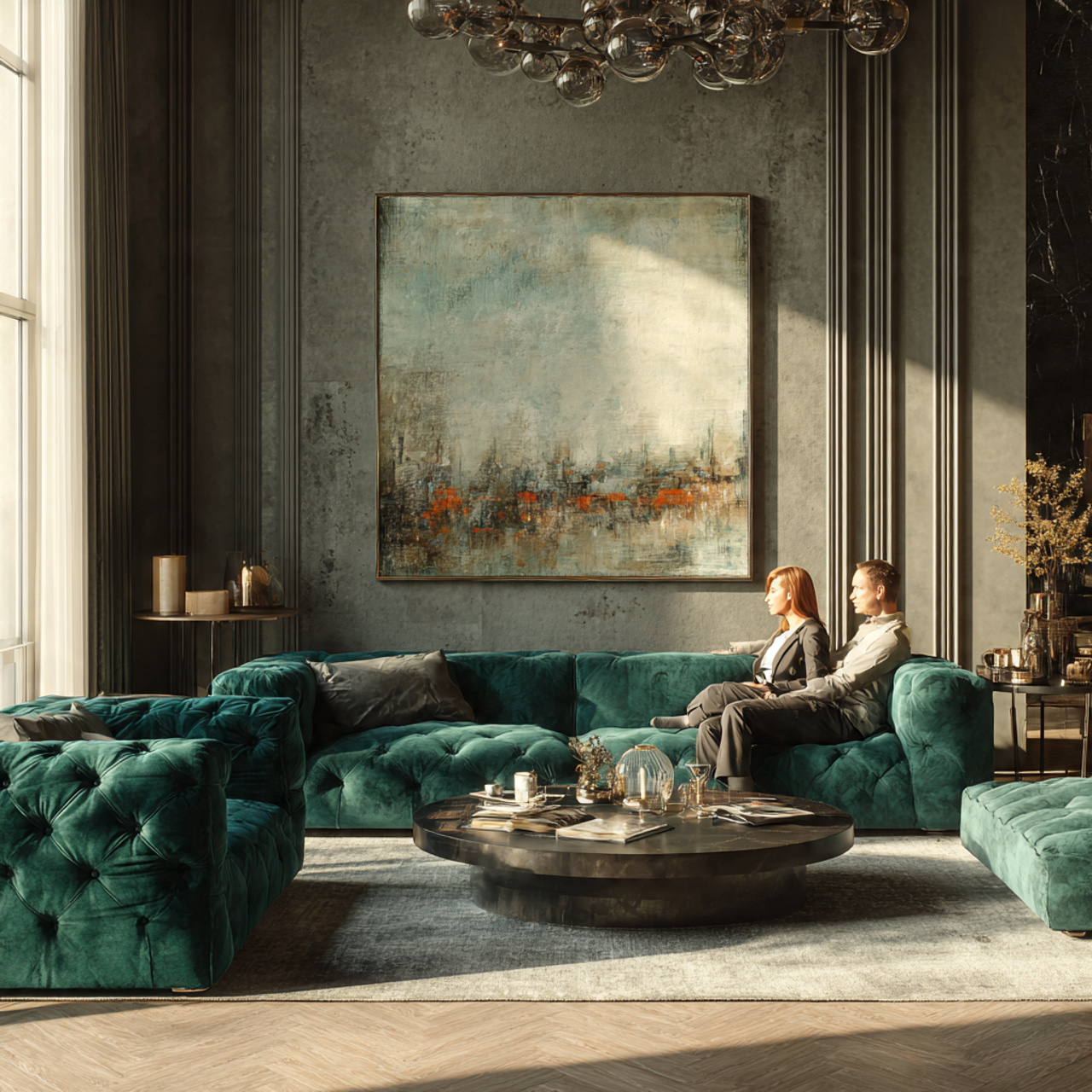 elegant living room with a bold velvet statement s