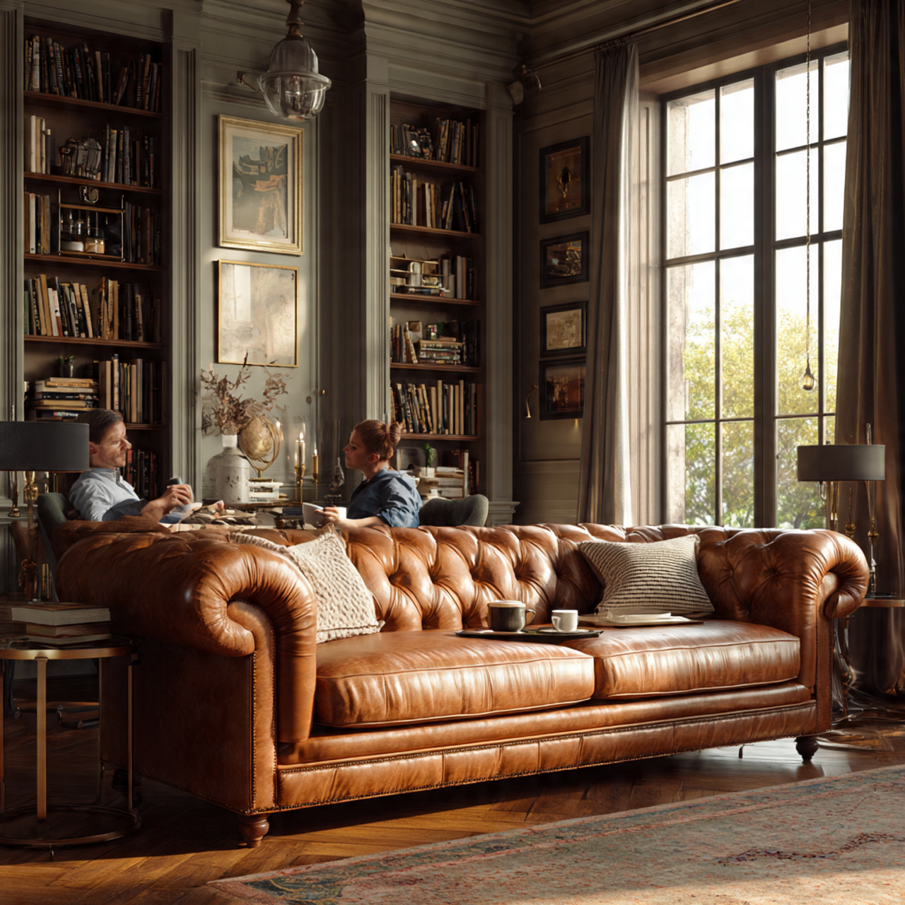 elegant living room with a cognac leather chesterf