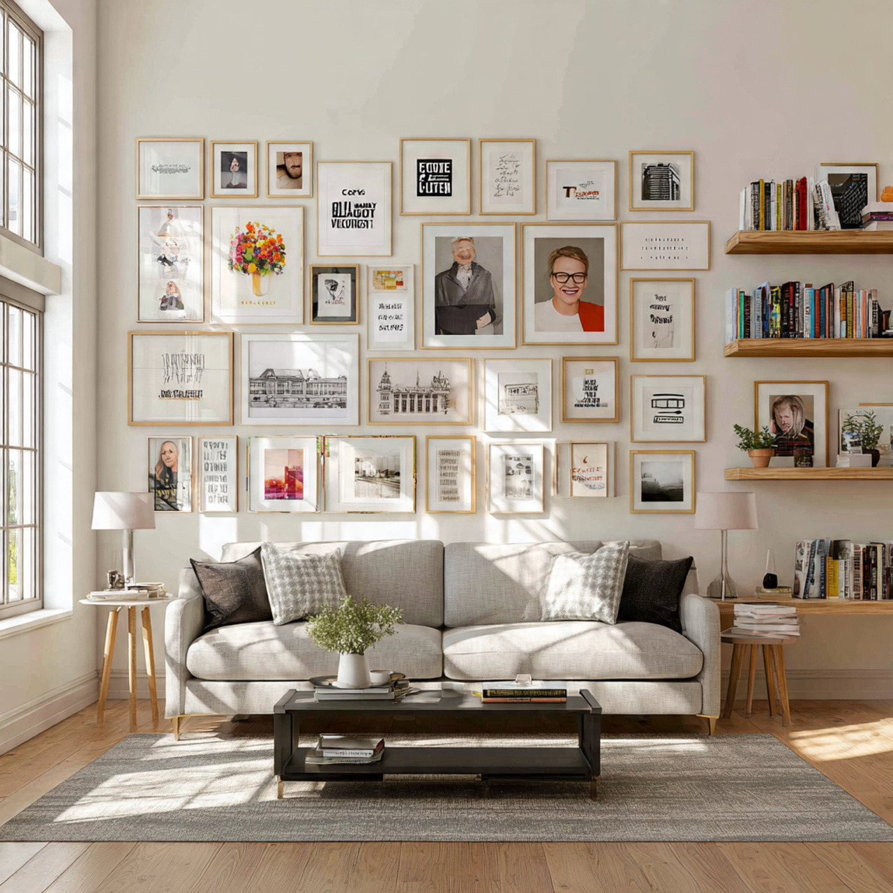 elegant living room with a gallery wall grid layou