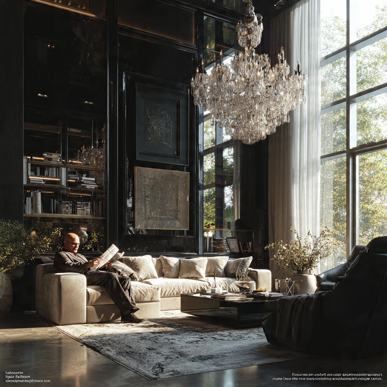 elegant living room with a high gloss lacquered ce