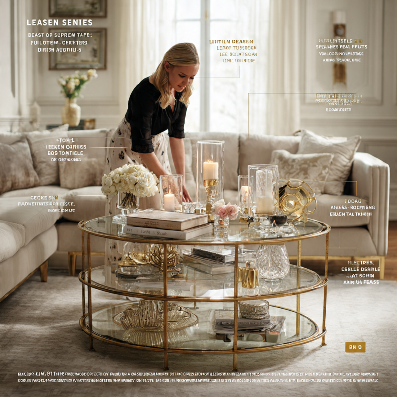 elegant living room with a tiered brass and glass
