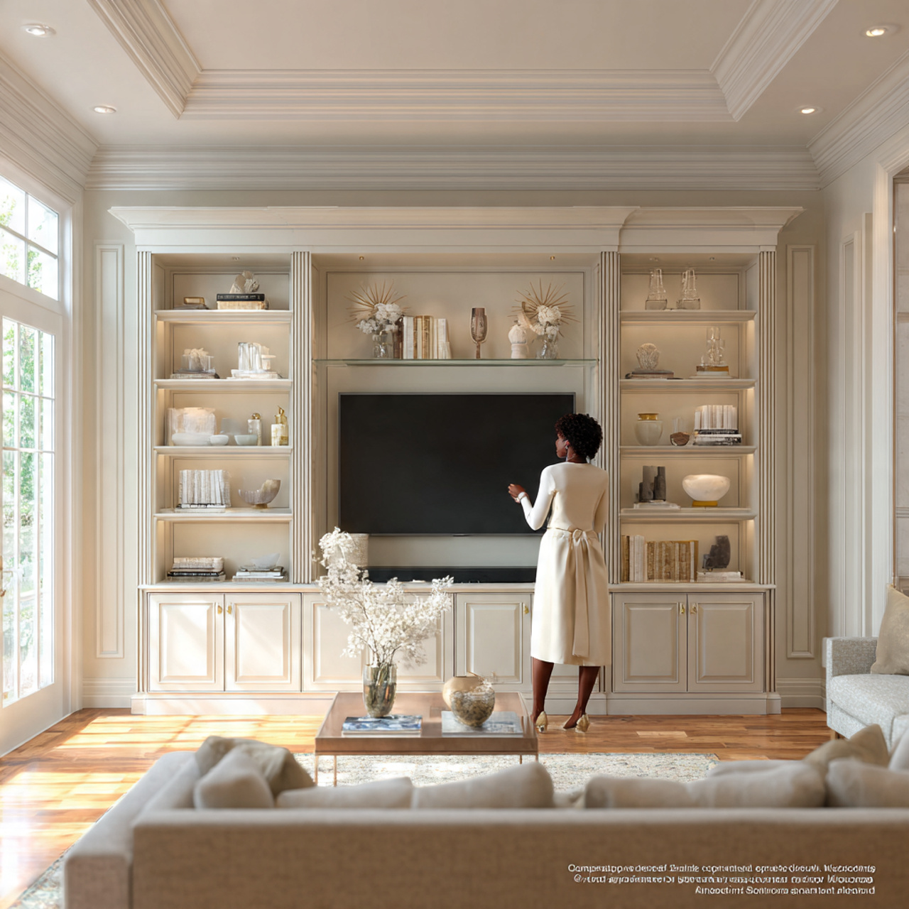 elegant living room with a transitional paneled wo