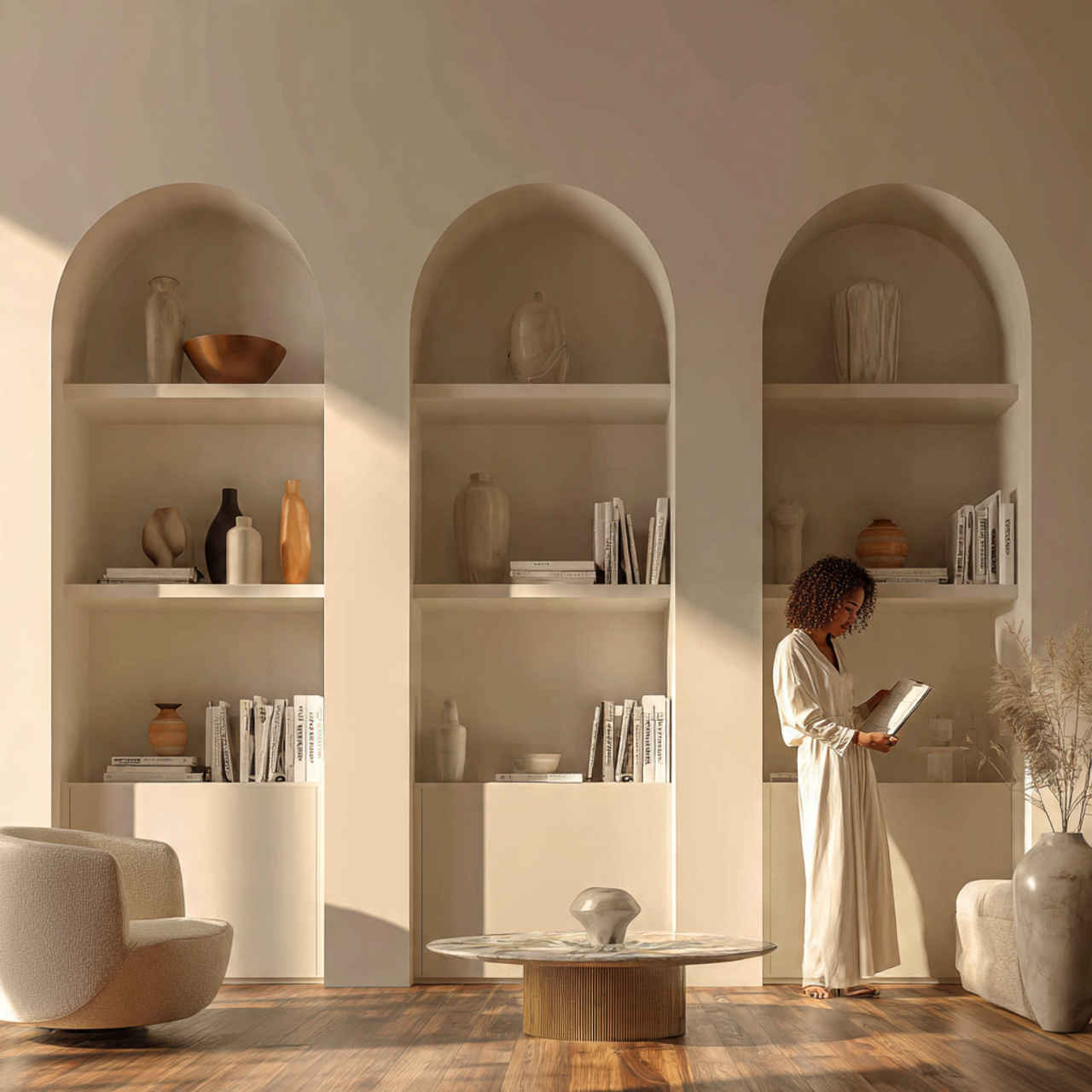 elegant living room with arched wall niches painte