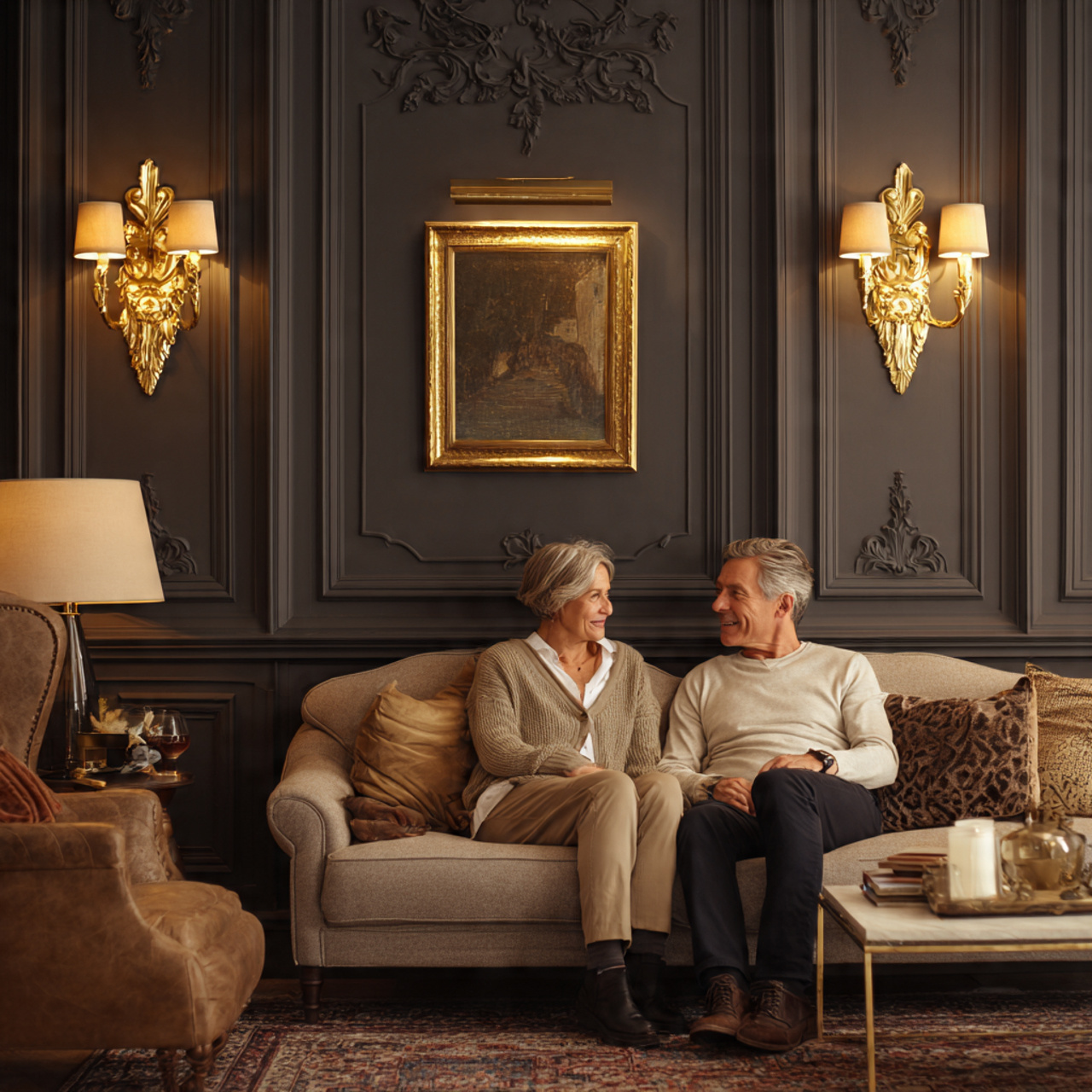 elegant living room with brass sconce lighting acc