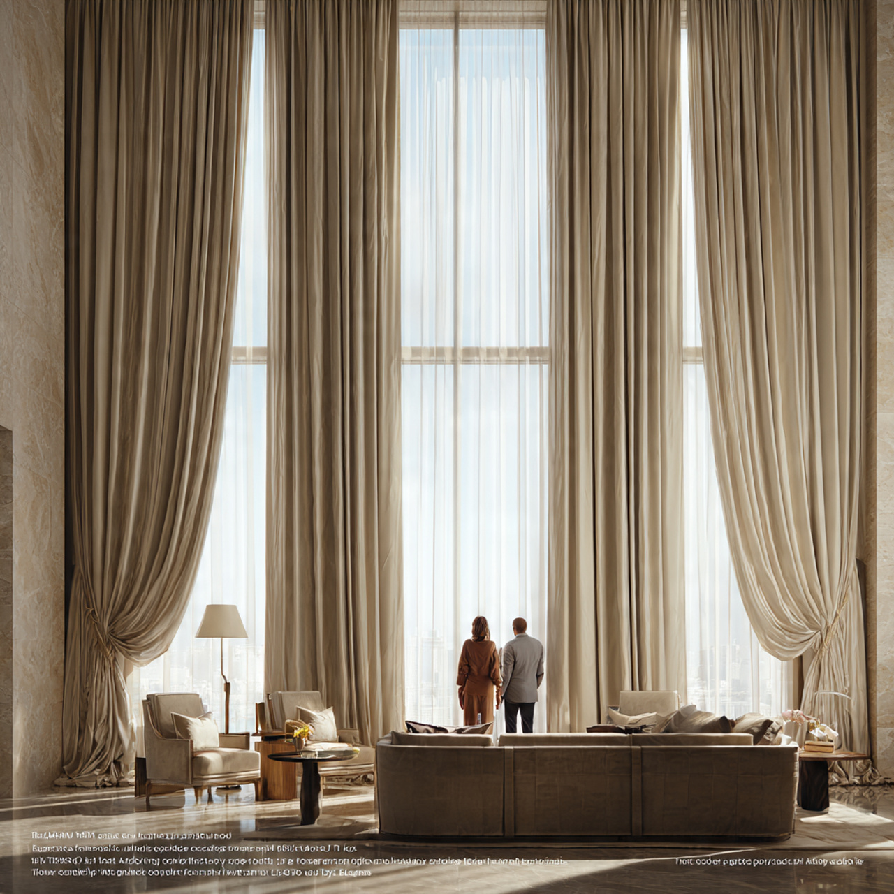 elegant living room with floor to ceiling silk dra