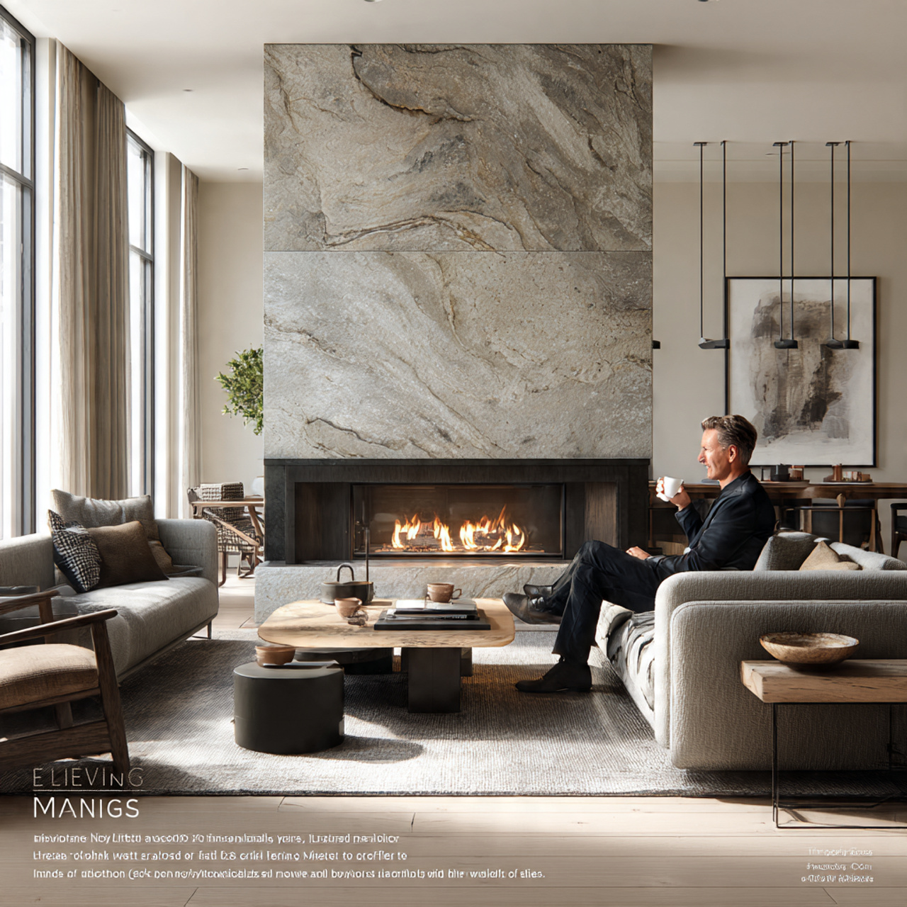 elegant living room with minimalist stone fireplac