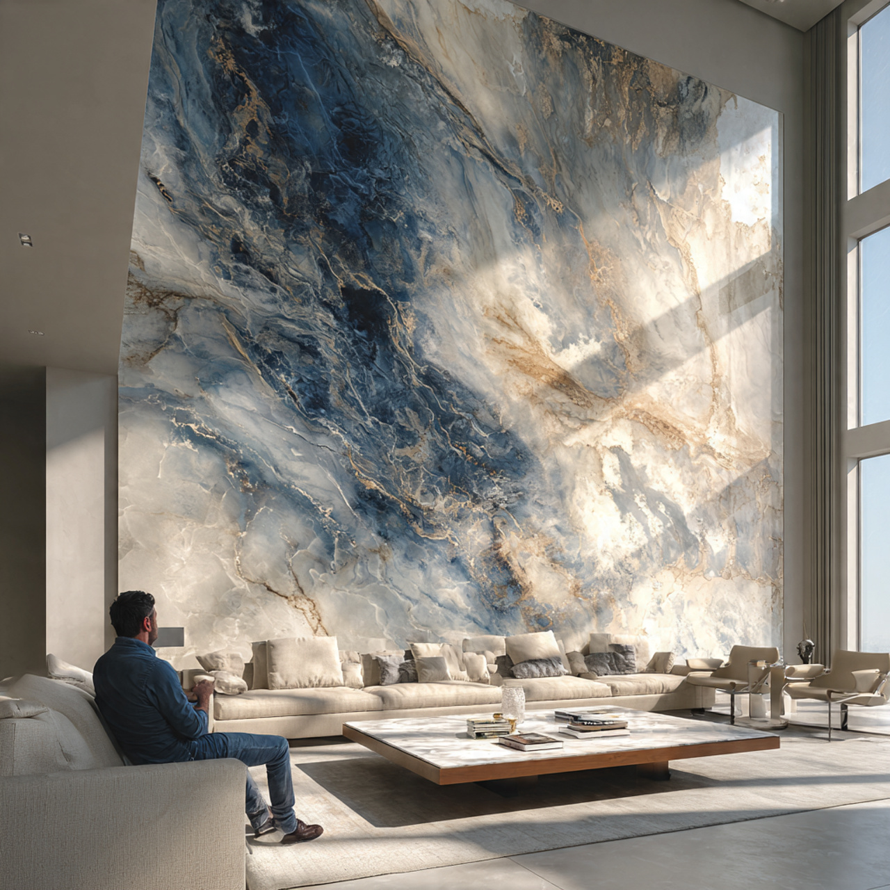 elegant living room with oversized fine art instal