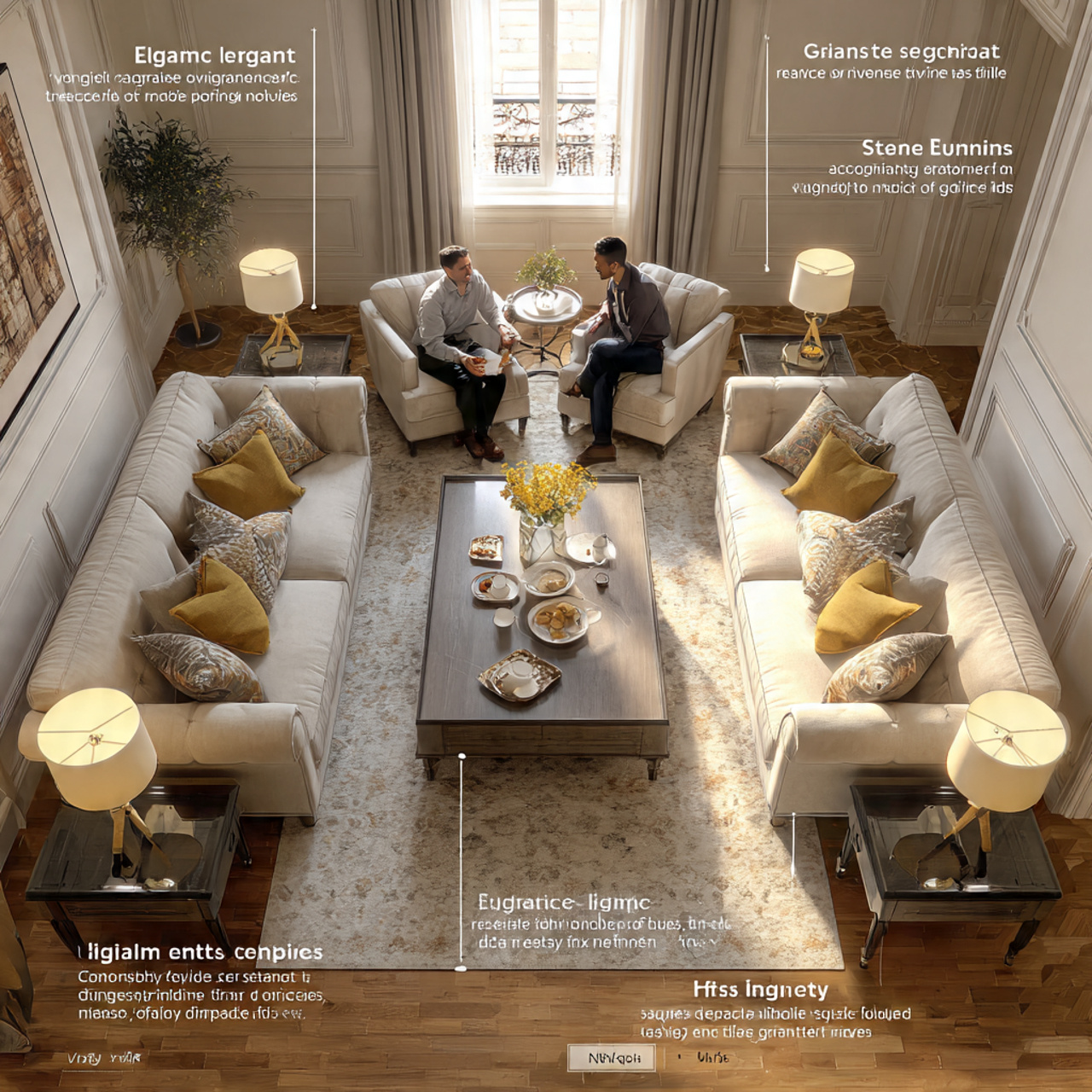 elegant living room with perfectly symmetric furni