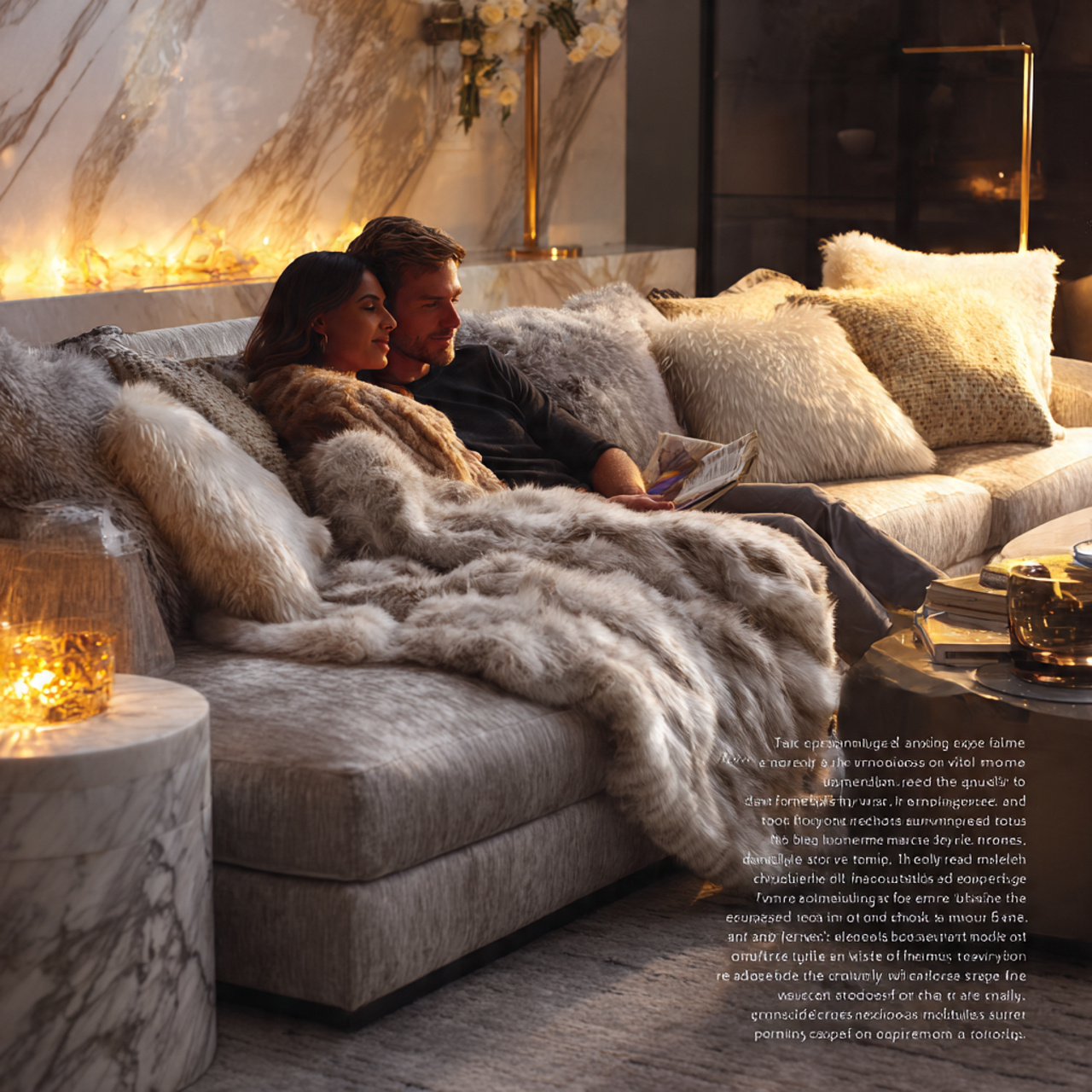 elegant living room with plush faux fur throws and