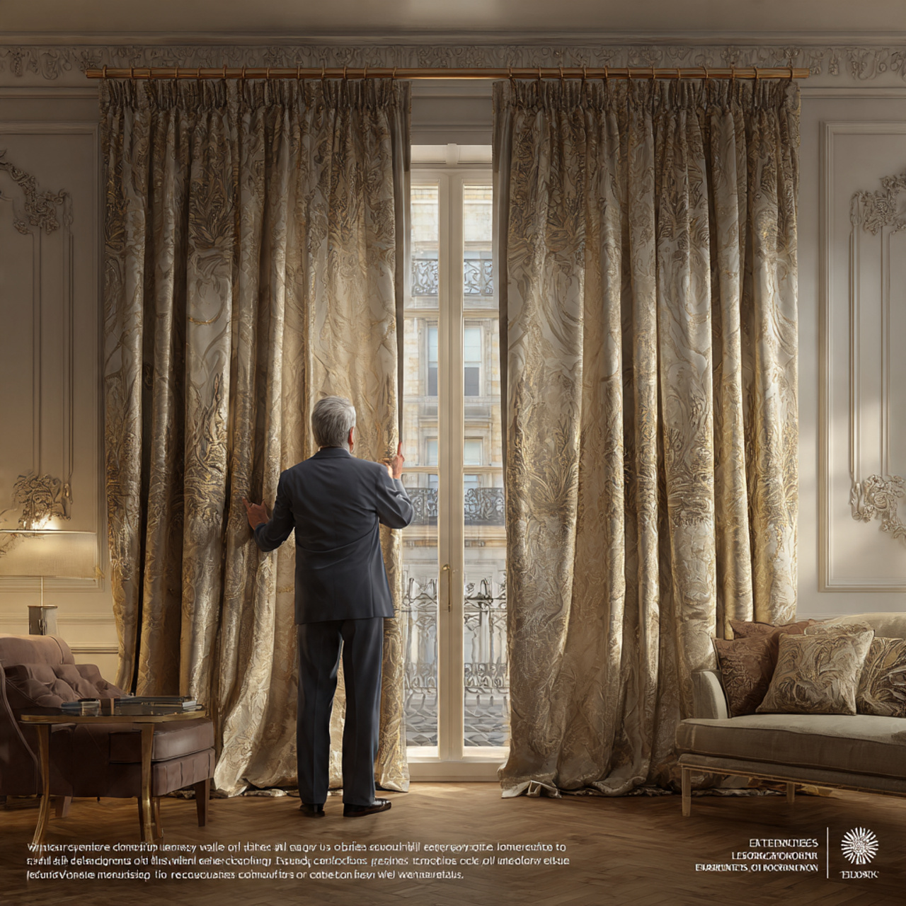 elegant living room with sophisticated gold brocad