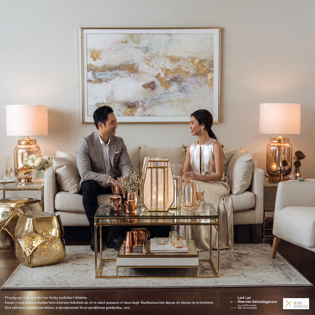 elegant living room with subtle metallic gold bras