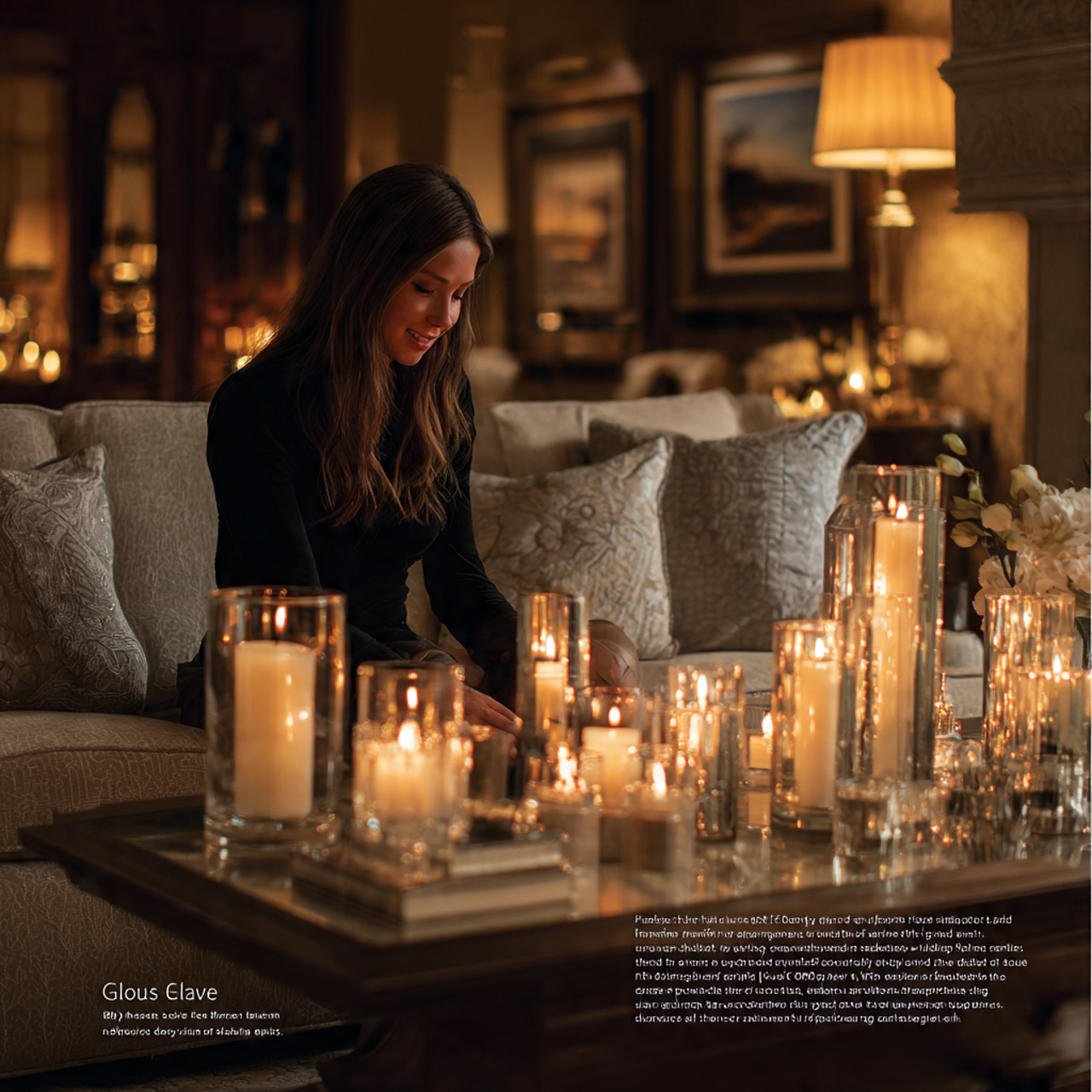 elegant living room with tapered candles in silver